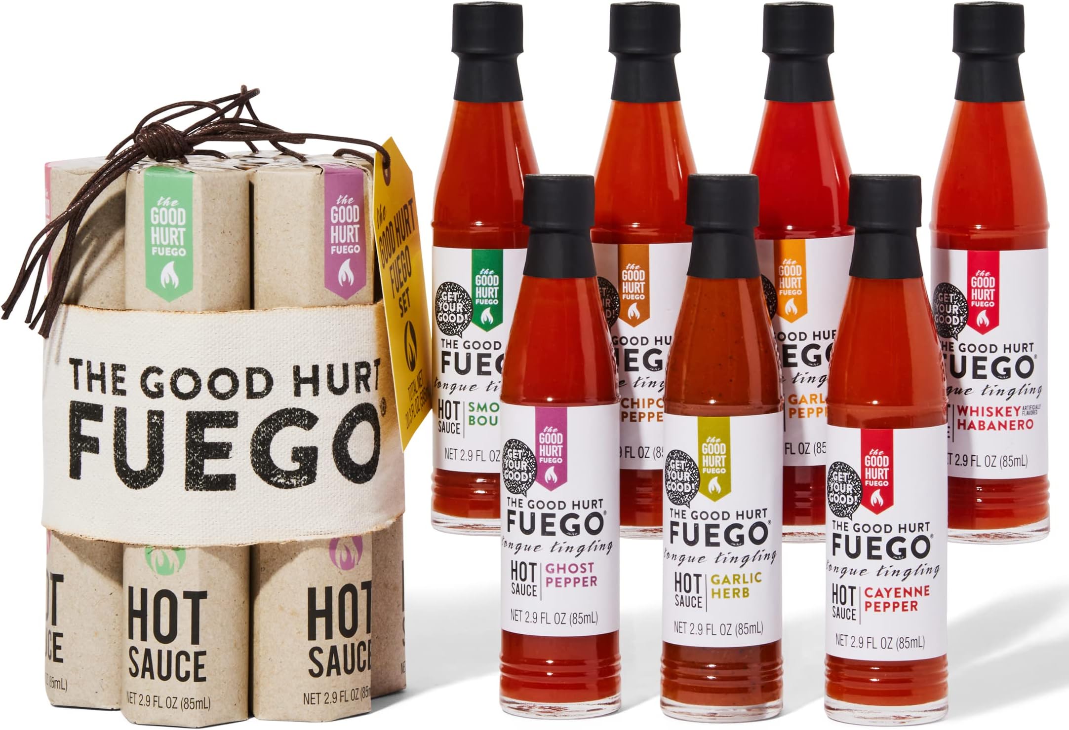 The Good Hurt Fuego, Hot Sauce Sampler Gift Set in Original Packaging, Flavors Includes Habanero, Ghost Pepper, Smoky Bourbon, Hot Sauce Variety Pack, Set of 7