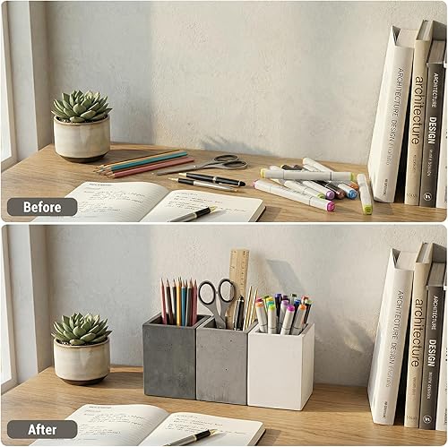 Miniatura 6 de MyGift Soporte para Bolígrafos y Lápices para Escritorio, Porta Lápices para Escritorio, Taza de Lápices de Escritorio de Concreto, Tono Gris