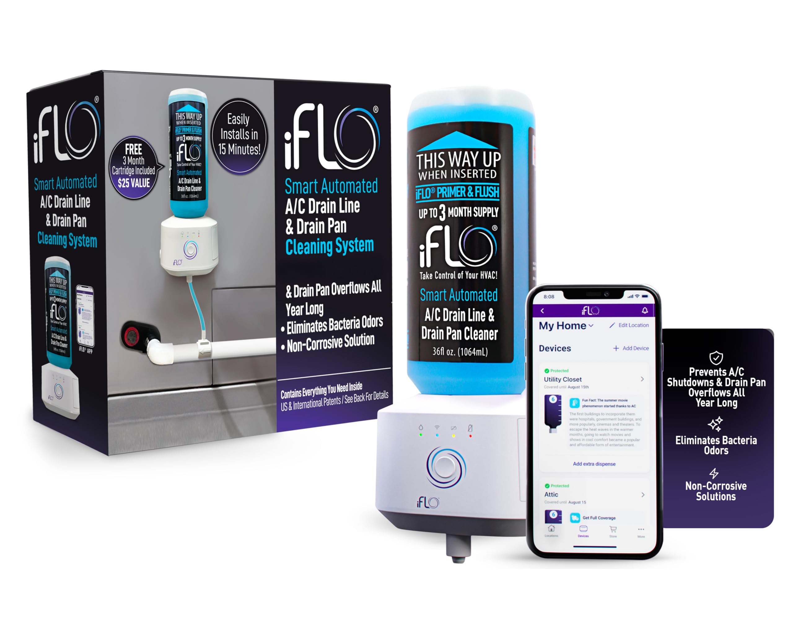 iFLO® Smart A/C Drain Line and Drain Pan Cleaner for HVAC System, Clog-Free, Easy Installation & App-Controlled Air Conditioner Maintenance, Includes 36oz Cleaner Cartridge, 3 Month Supply