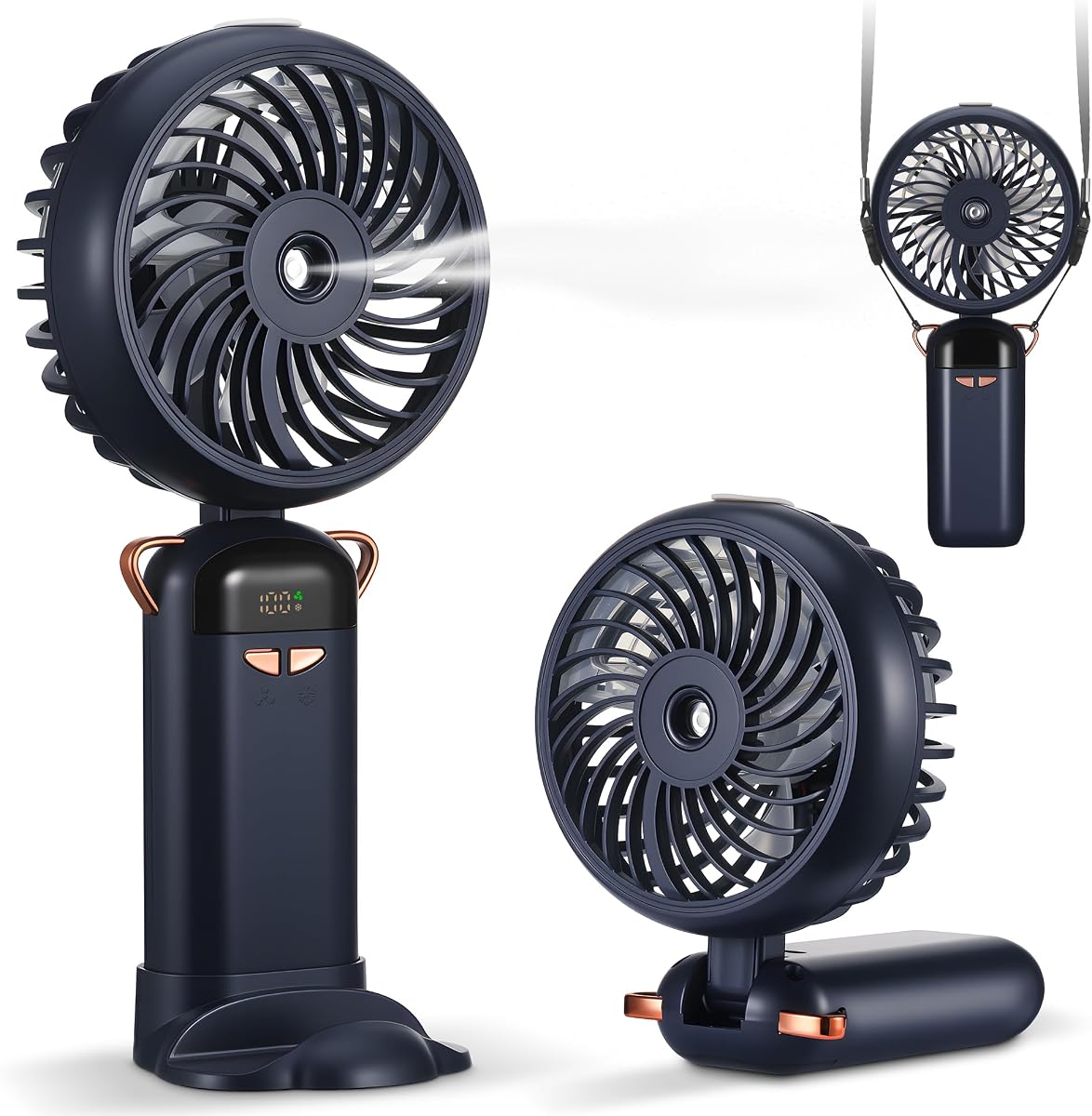 Kssvzz Portable Handheld Fan with Water Mist Spray, Rechargeable Battery Operated Fan with Base, Digital Display, 5 Speeds, 90° Ajustable, Electric Mini Fan for Travel Camping Outdoor (Blue)