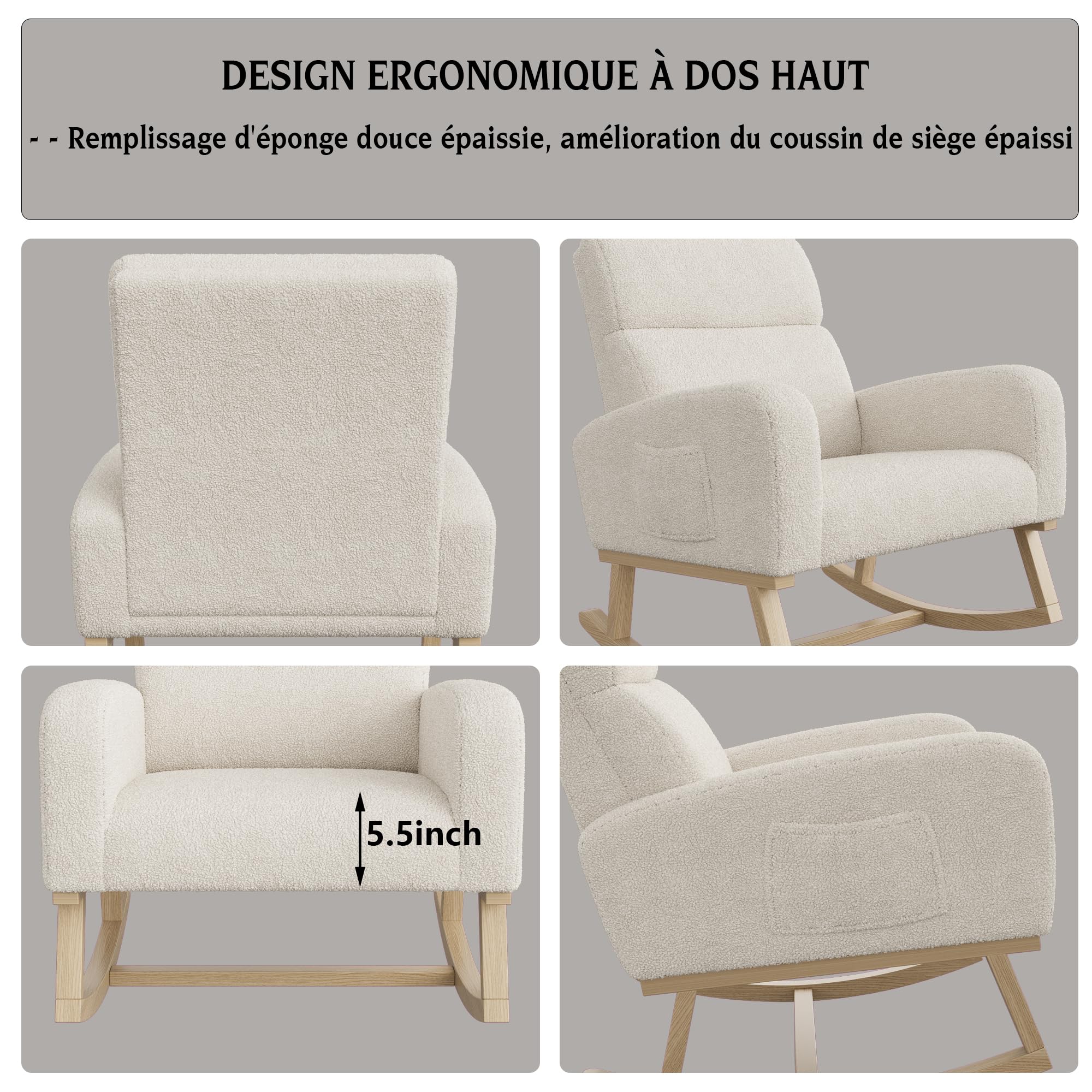 Générique Fauteuil à Bascule,Rocking Chair,Chaise à Bascule avec Polaire Sherpa,Fauteuil Allaitement,Chaise à basule,avec Pieds en Bois Massif pour Salon Chambre à Coucher,Bureau (Beige-014)
