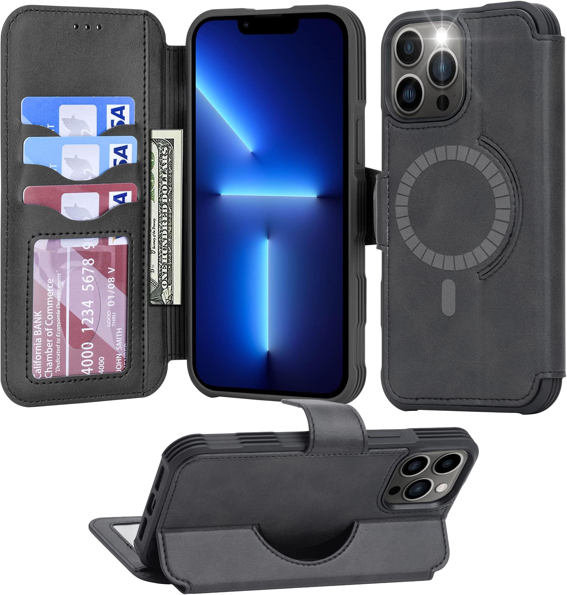 Arae Compatible with  iPhone   13   Pro  Max Case Wallet, Kickstand [Magnetic Wireless Charge] with Card Holder [RFID Blocking] for  iPhone   13   Pro  Max 6.7 Inch - Black