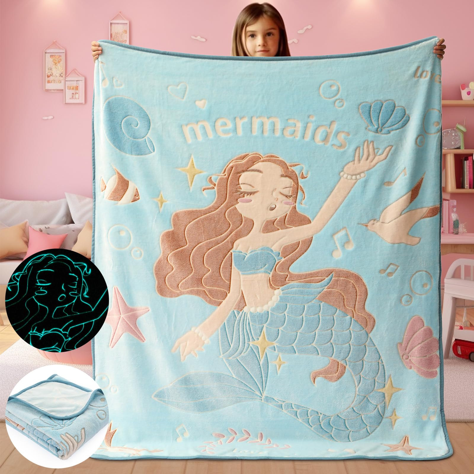 Couverture queue de sirène phosphorescente plaid enfant doux
