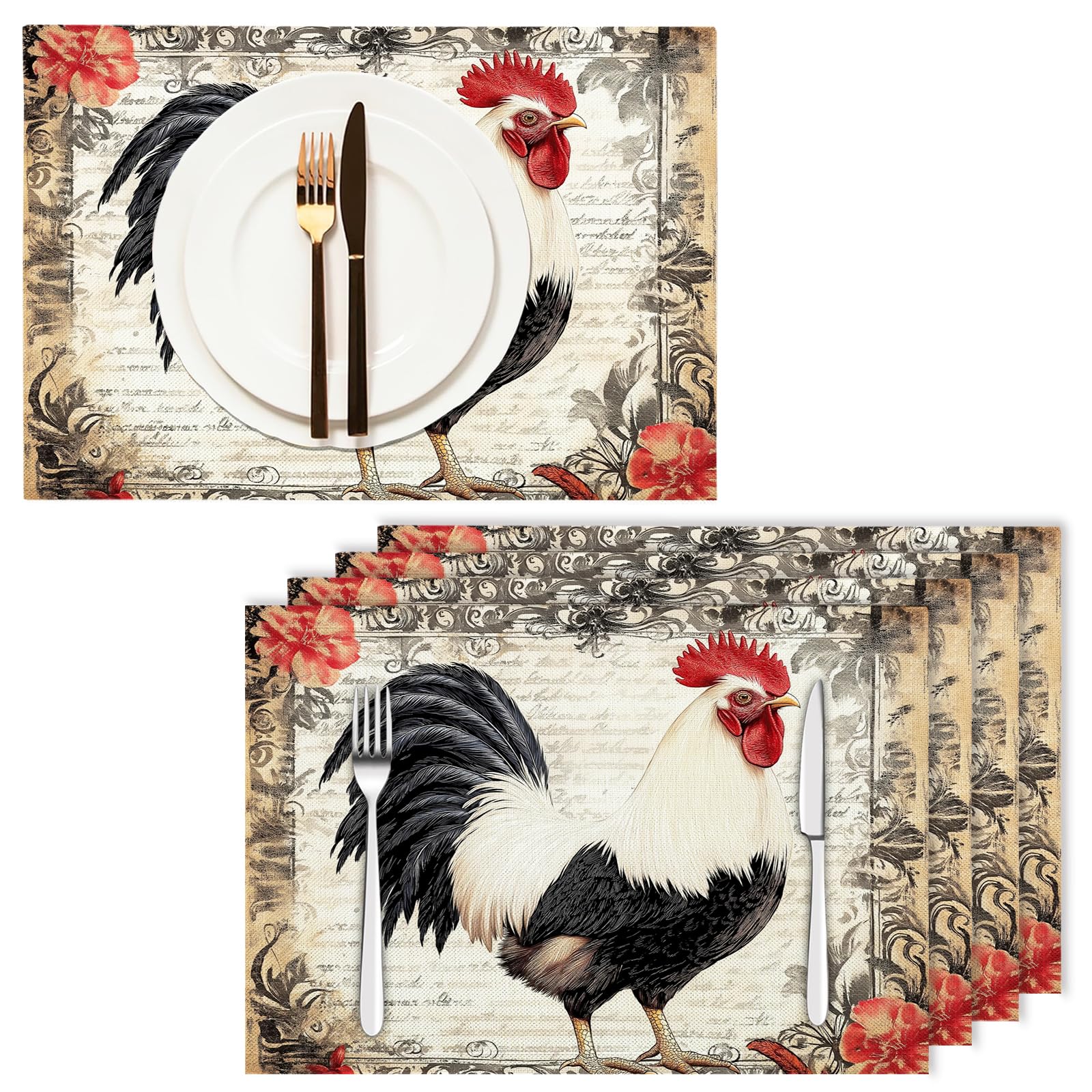 Tovaglietta Americana Animali retrò in Cotone Lino Rettangolare - Tovagliette Set di 8 Gallo di campagna Resistente al Calore per La Cucina, Il L'Ufficio, 30 x 45cm