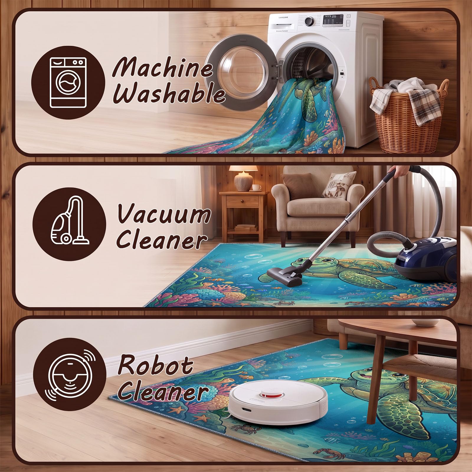Monde Féerique Tapis de Salon, Bleu Ciel Lavable Tapis Flanelle Douce, Cartoon Océan Animal Tortue Marine Poil Ras Antidérapant 120 x 170 cm Enfants Tapis pour Salle à Manger Chambre Canapé