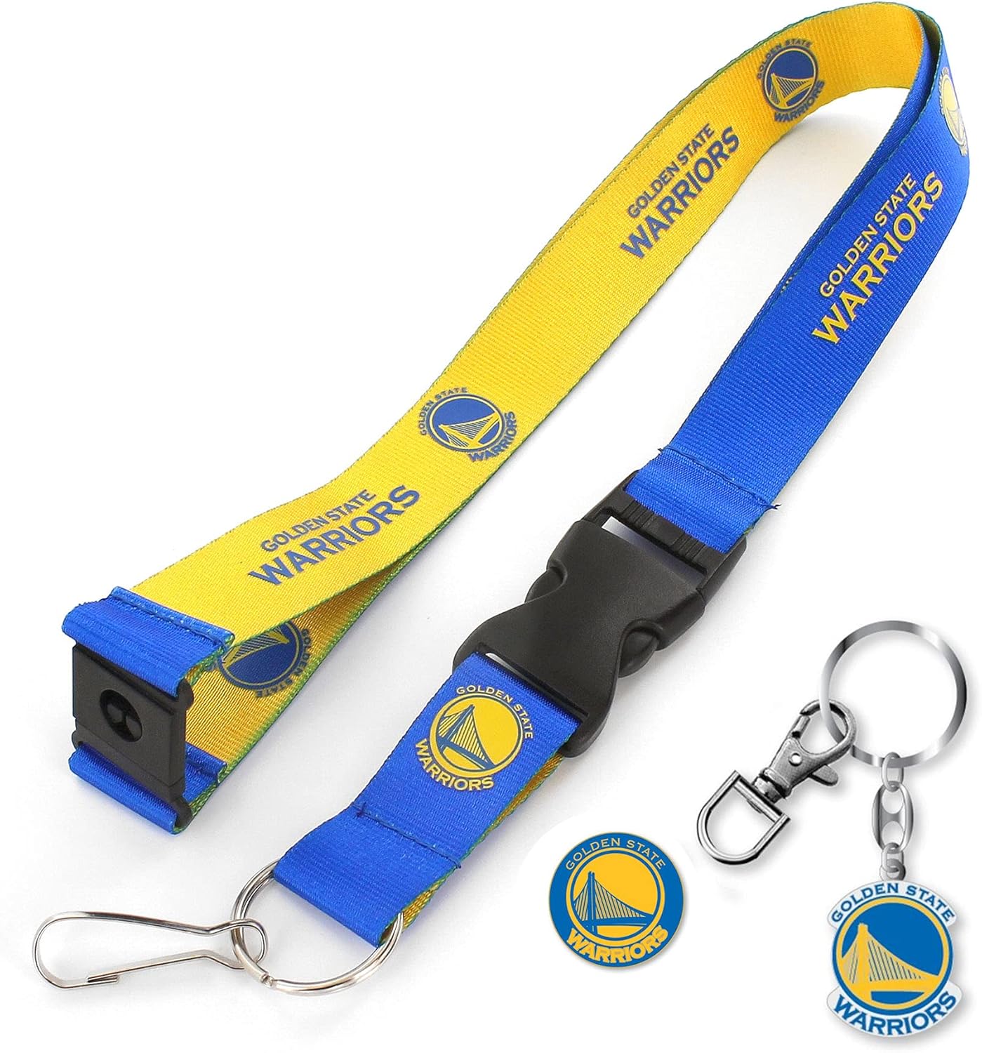 aminco NBA Golden State Warriors Team Reversable Lanyard, Logo Lapel Pin, and Metal Keychain Gift Bundle
