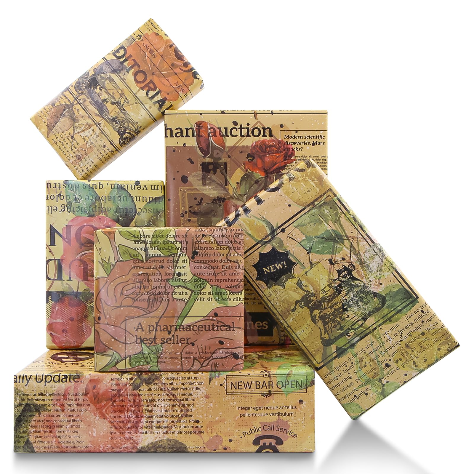 Vintage Roses Gift Wrapping Paper,6 Sheets Retro Floral Gift Wrap Paper Newspaper Rose Flower Folded Kraft Paper Folded for Birthday Valentine's Day Mother's Day Wedding Christmas Wrap,20x29 inch