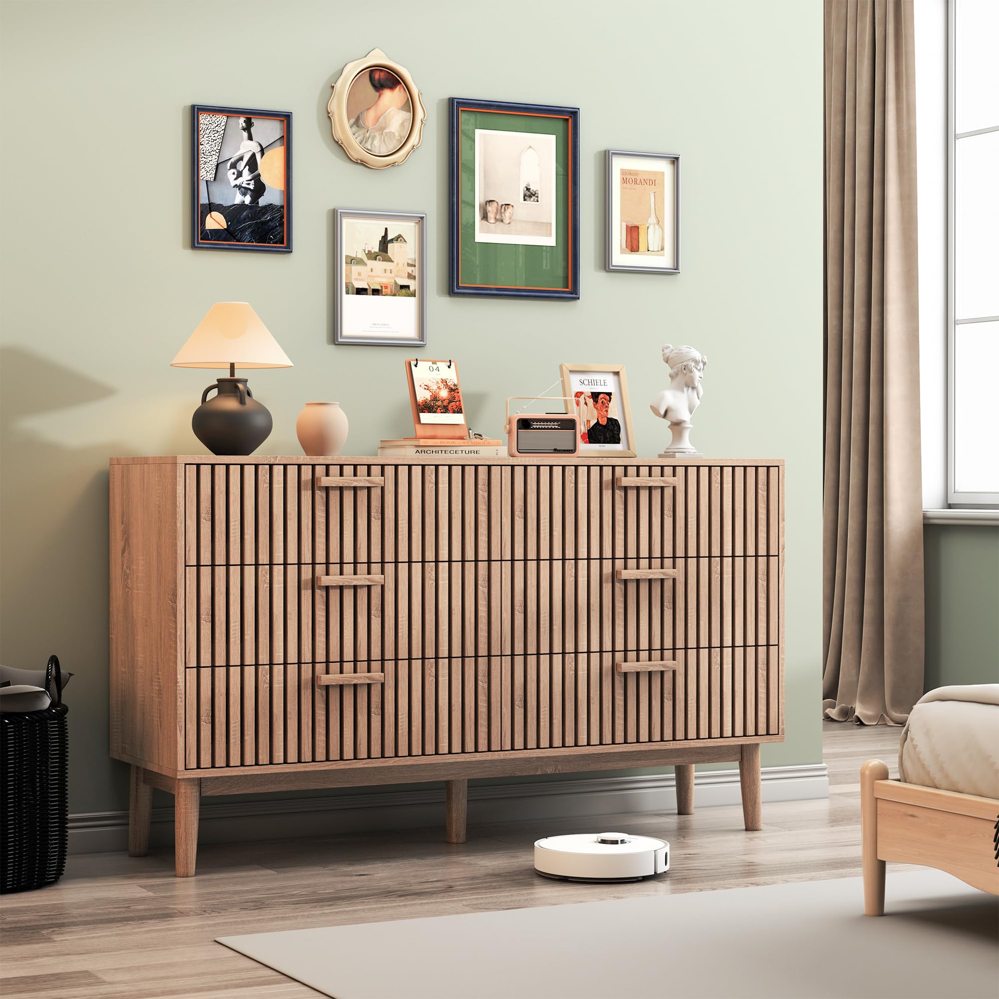 Cómoda con 6 cajones, 100 x 34 x 73 cm, aparador de Madera, Mueble con cajones de Gran Capacidad para salón, Dormitorio, diseño Lineal (Color de Madera Natural, Seis cajones)