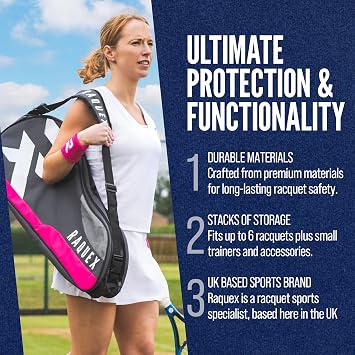 Raquex Tennis Bag - 6 Racket Bag for Tennis, Badminton & Squash Racquets. Blue, Black or Magenta. Holds up to 6 Racquets + Accessories + Trainers