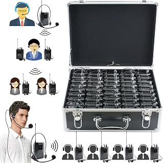 EXMAX Wireless Headset Microphone Audio Tour Guide System 11 UHF Channels for Tour Guide Travel Interpretation(1 Transmitter 200 Receivers with Black Aluninum Case)