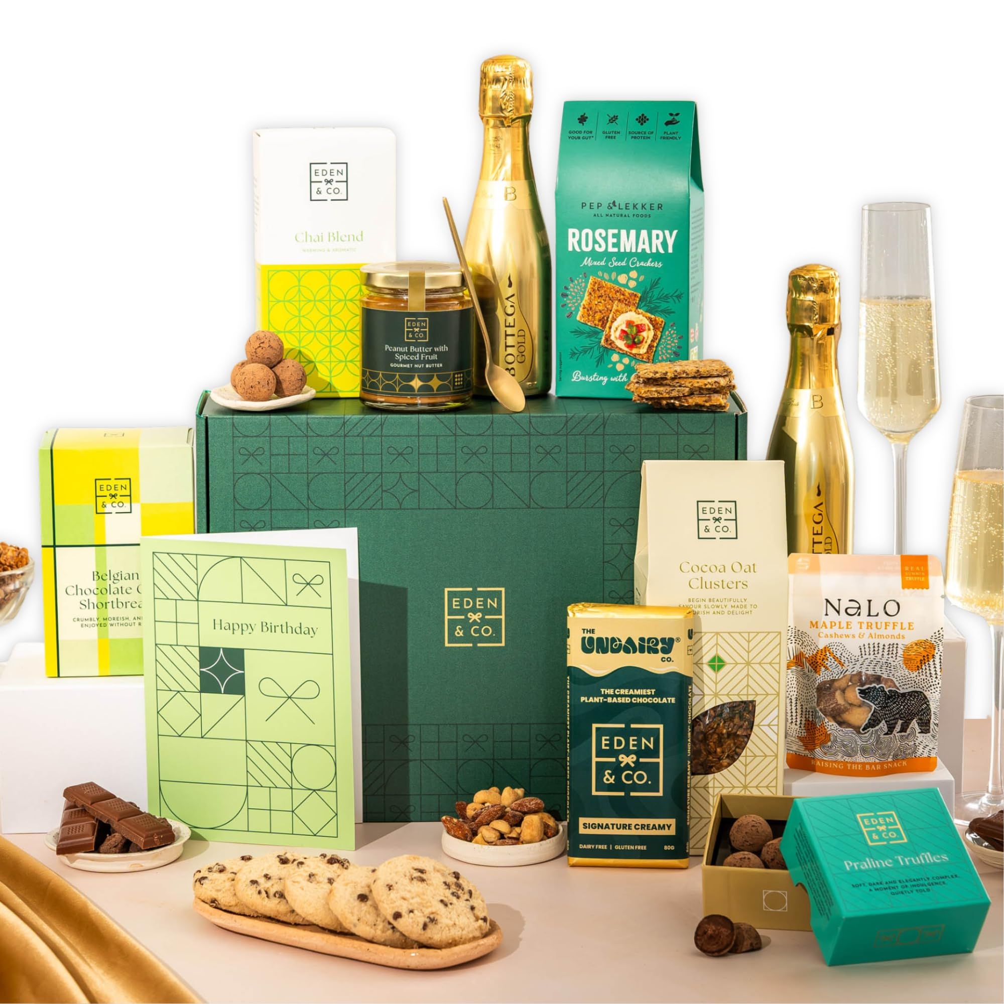 Happy Birthday Vegan Gift Hamper Basket, Luxury Gourmet Gifts for Women, Men, Couples, with Vegan Chocolate by EDEN & CO - Plus 2 Prosecco