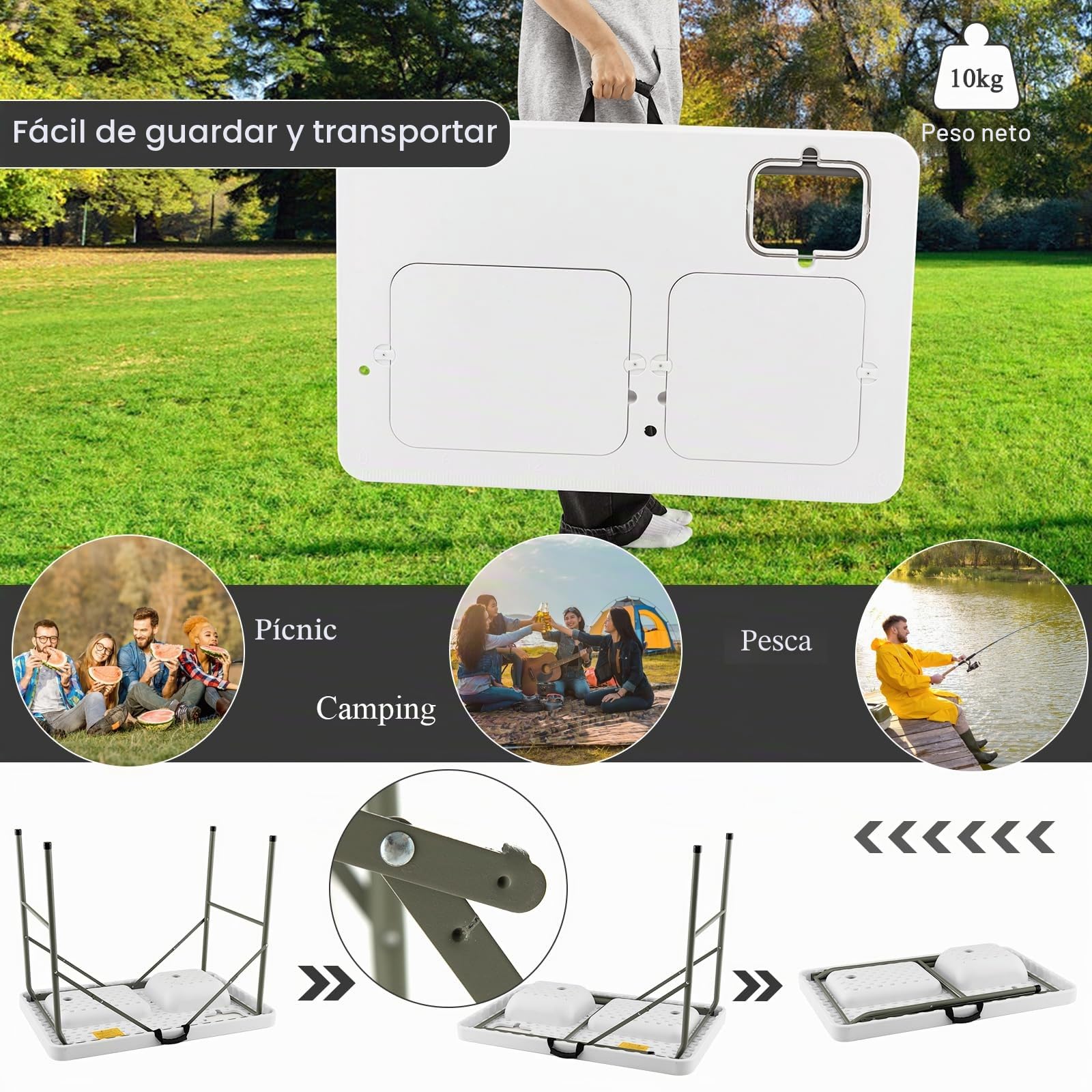 KOMFOTTEU Mesa de Camping Plegable Portátil Con Grifo Giratorio, 2 Fregaderos, Escala de Medición y Cubo de Basura - Para Picnic, Barbacoa, Pesca y Fileteado