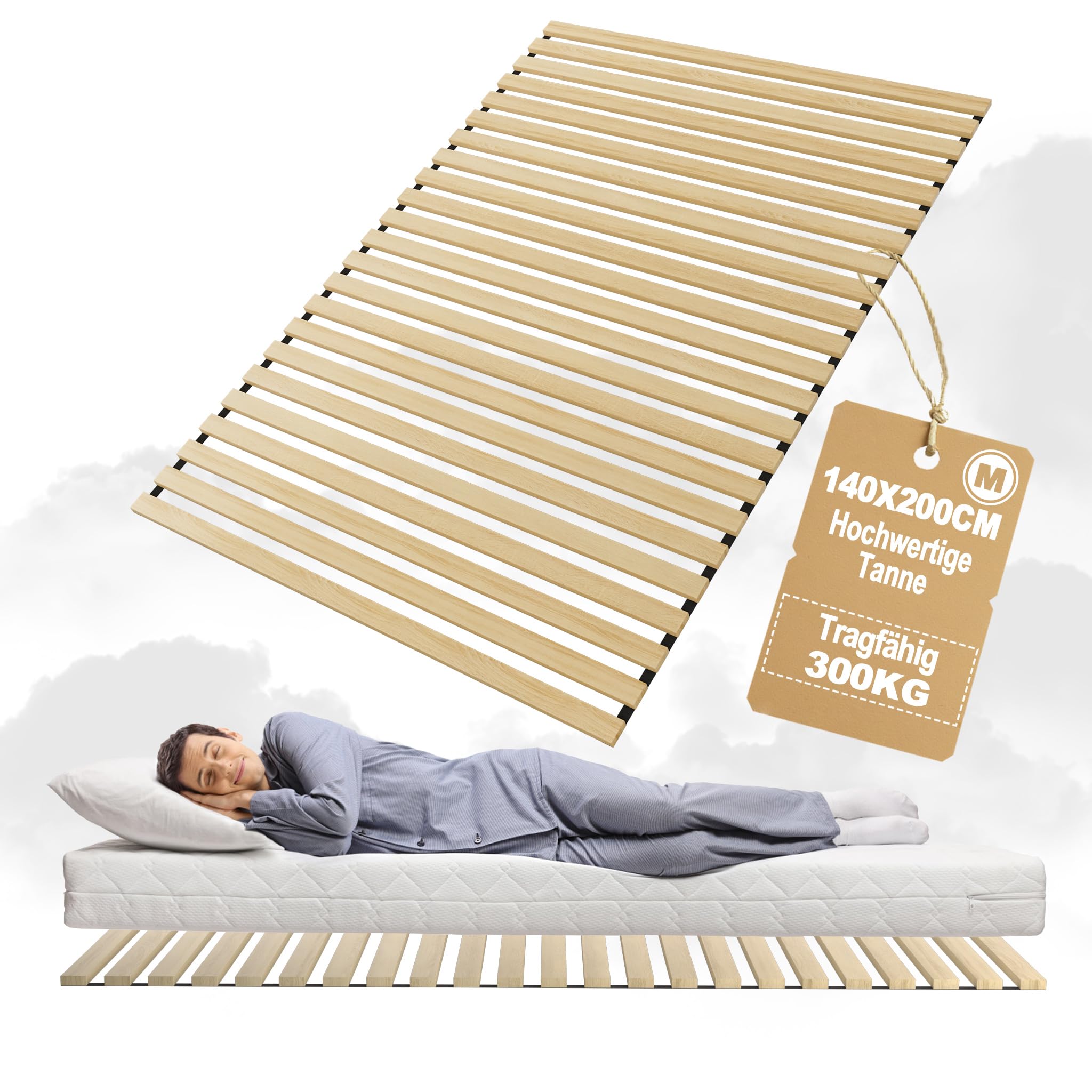 YUENFONG Rete a doghe con 23 listelli, 140 x 200 cm, rete pieghevole a doghe con elastico nero, portata fino a 300 kg, per tutti i tipi di materassi