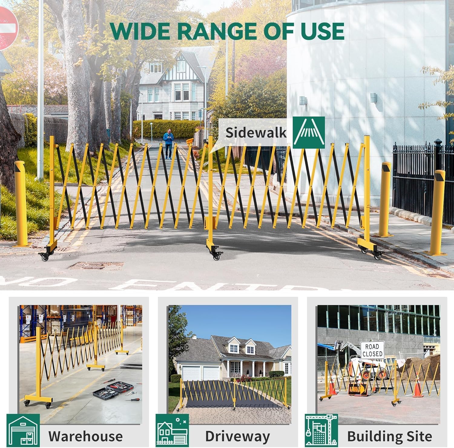 Garvee Barrera de seguridad extensible de metal, puerta plegable con ruedas, control de acceso y circulación, uso industrial y astilleros, instalación portátil, L: 488 cm, altura: 103 cm