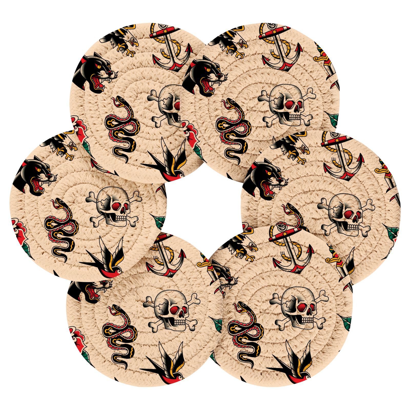 YETTASBIN Old School Tattoo 6 Pcs Drink Coasters with Holder, Cotton Woven Absorbent Heat-Resistant Round Coaster Non-Slip Table Mat for Kitchen Bar Home Decor Housewarming Gift, 3.9 in