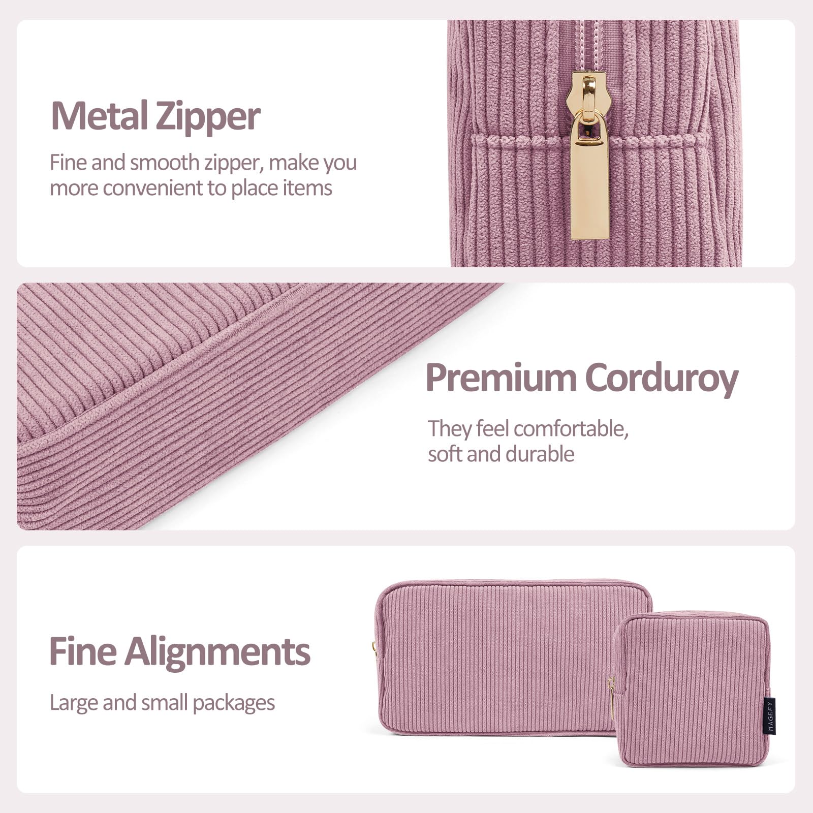 Makeup Bag MAGEFY 2 Pcs Small Makeup Bag for Handbag Corduroy Make up Bag with Compartments Travel Makeup Pouch for Women (Pink) - Image 4