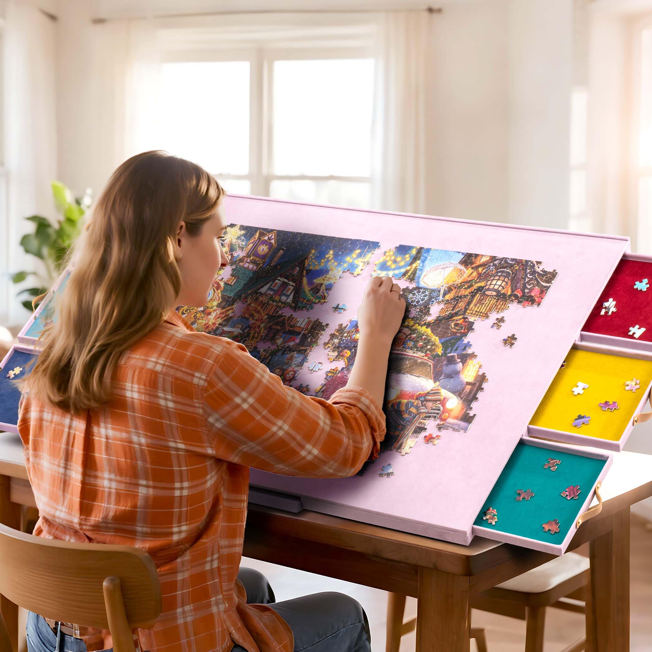 Tektalk Flanellstoff-bedeckter Puzzle-Tisch mit integriertem verstellbarem Ständer und Abdeckung, tragbare Puzzle-Platte mit 6 Sortierschubladen, für bis zu 1500 Teile – lila