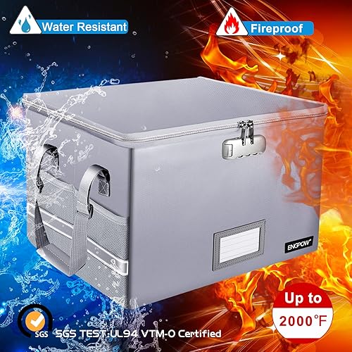 Miniatura 2 de ENGPOW - Caja ignífuga con cerradura, organizador de almacenamiento con cremalleras, caja de documentos ignífuga plegable con asa, caja de seguridad