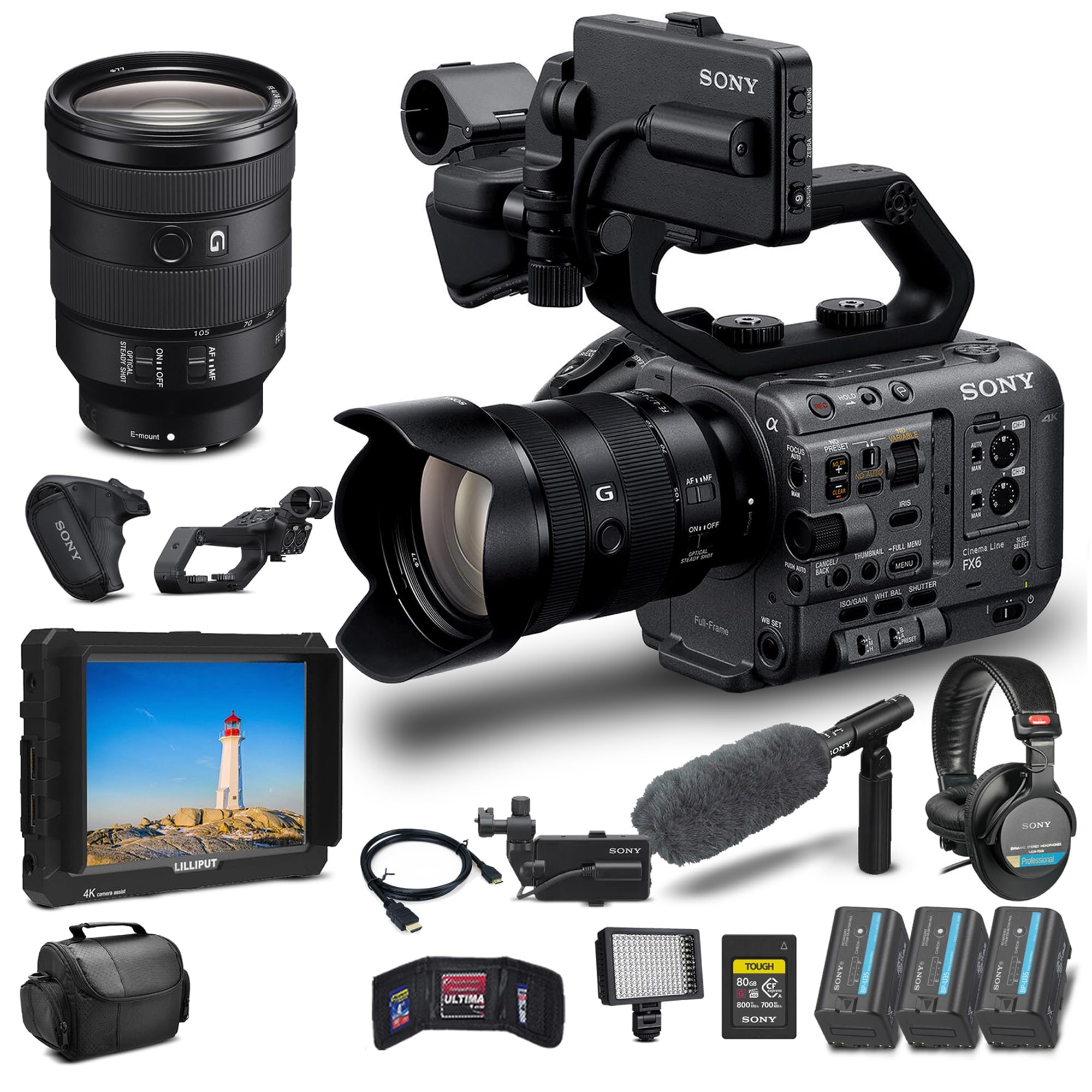 Sony FX6 Digital Cinema Camera Kit with 24-105mm Lens (ILME-FX6VK) + 4K Monitor + Sony 80GB Cfexpress Card + Pro Headphones + Pro Mic + 2 x BP-U35 Battery + LED Light + Pro Case + More (Renewed)