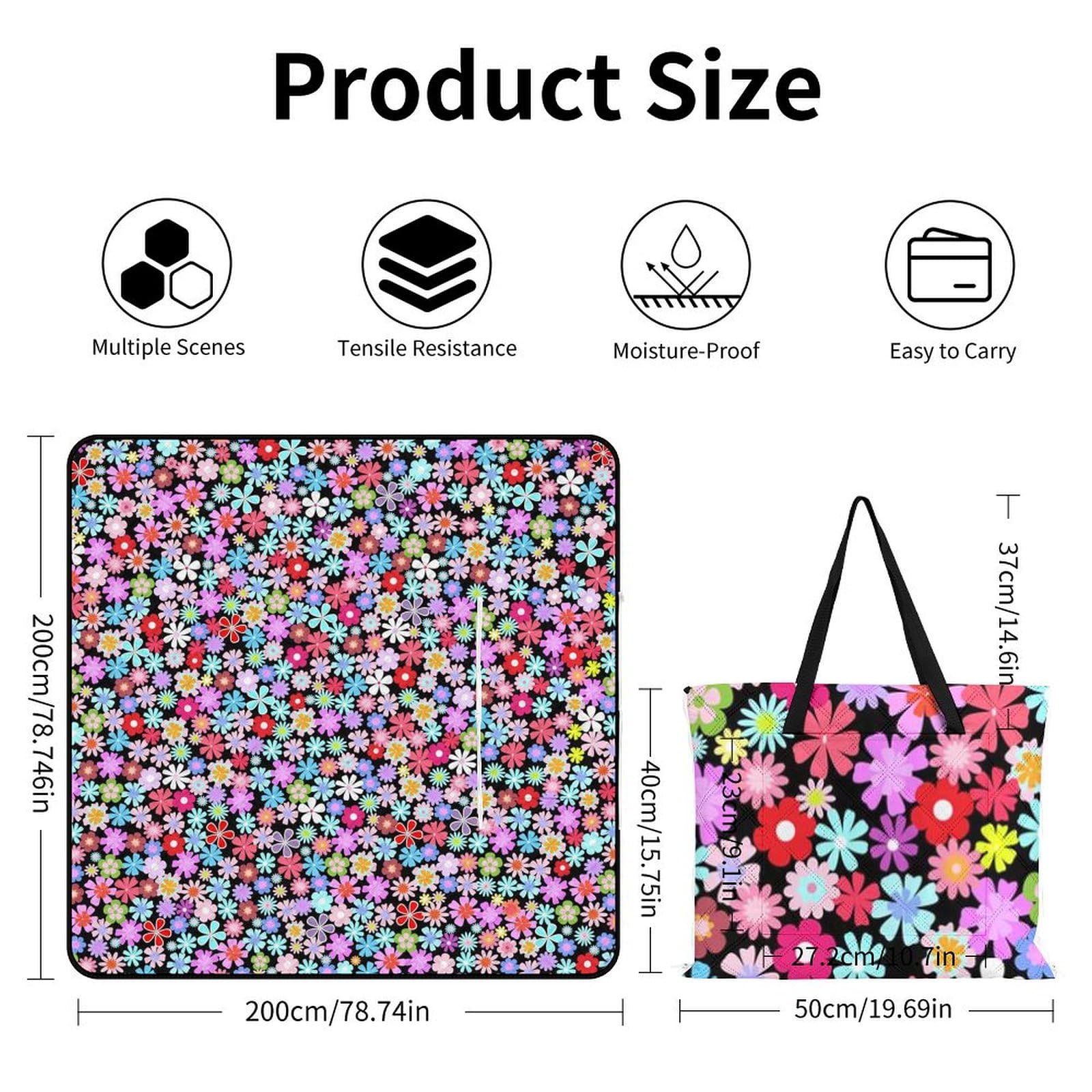3D Impression Motif De Fleurs Couverture Pique Nique Tapis De Plage Anti Sable Matelas De Plage Tapis Picnic pour Le Voyage, Le Camping, Les Vacances, Etc 200x200cm
