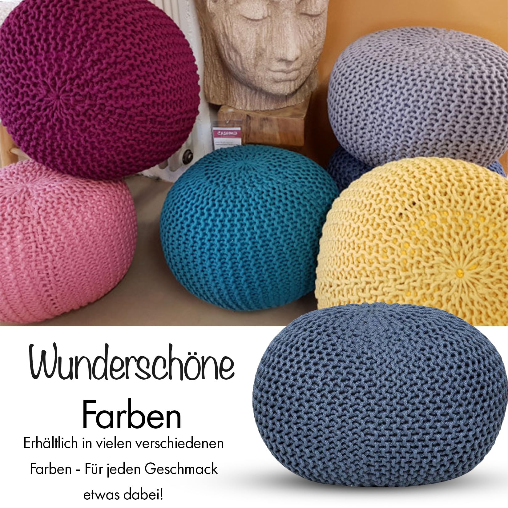 Pouf de haute qualité, imperméable, Ø 55 cm ou 45 cm, pouf pour intérieur et extérieur, effet tricot épais, pour jardin, terrasse, piscine, 100% plastique recyclé (gris argent, Ø 55 cm)