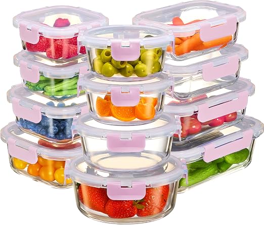 FineDine 24 Piece Glass Storage Containers with Lids - Leak Proof, Dishwasher Safe Glass Food Storage Containers for Meal Prep or Leftovers, Pink