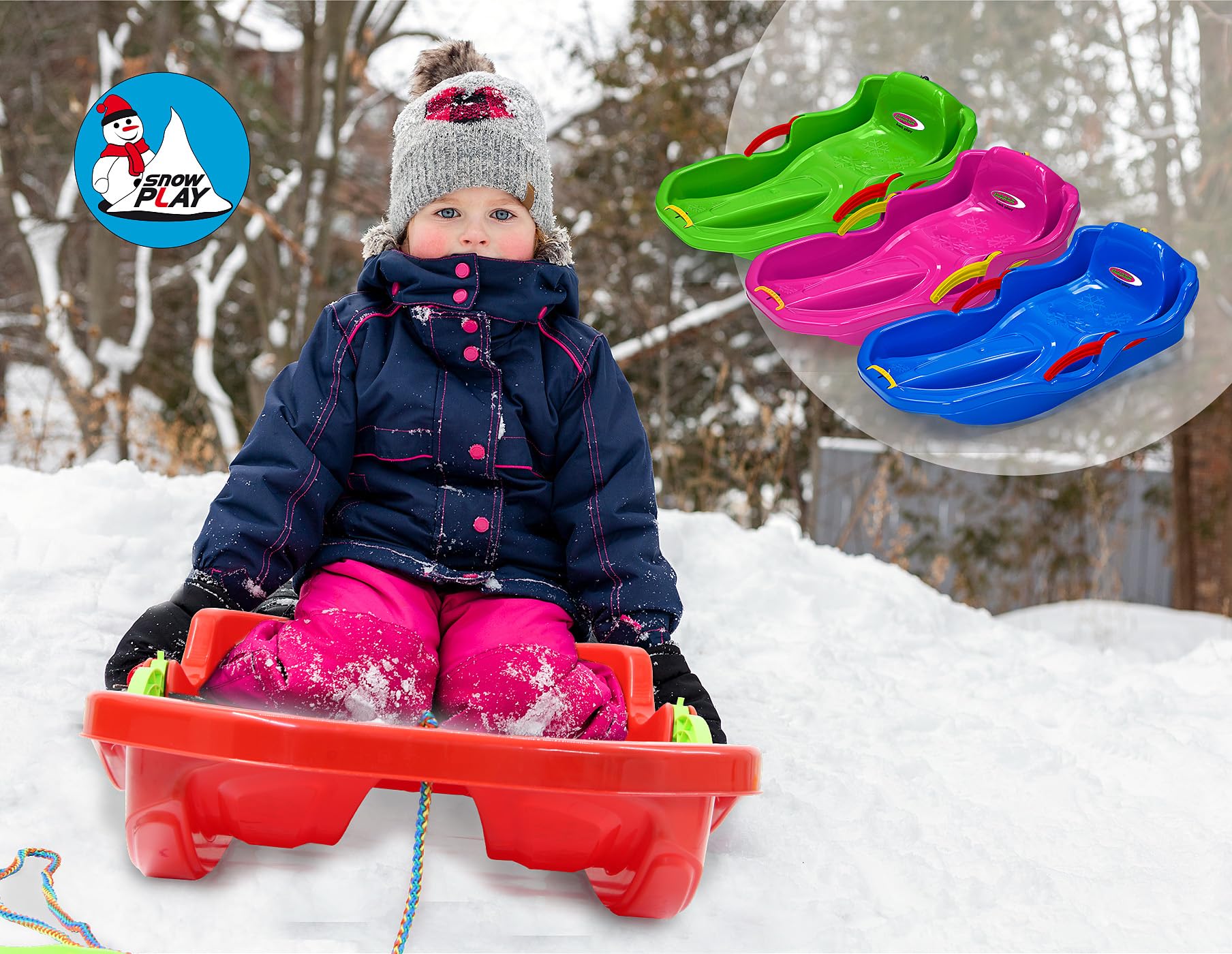 JAMARA 460540 Snow Play Bob Comfort 80 cm grün mit Bremse-Lenken durch Bremshebel, aerodynamische Bauweise, langlebiger, schlagzäher Kunststoff-bequemer, ergonomischer Sitz