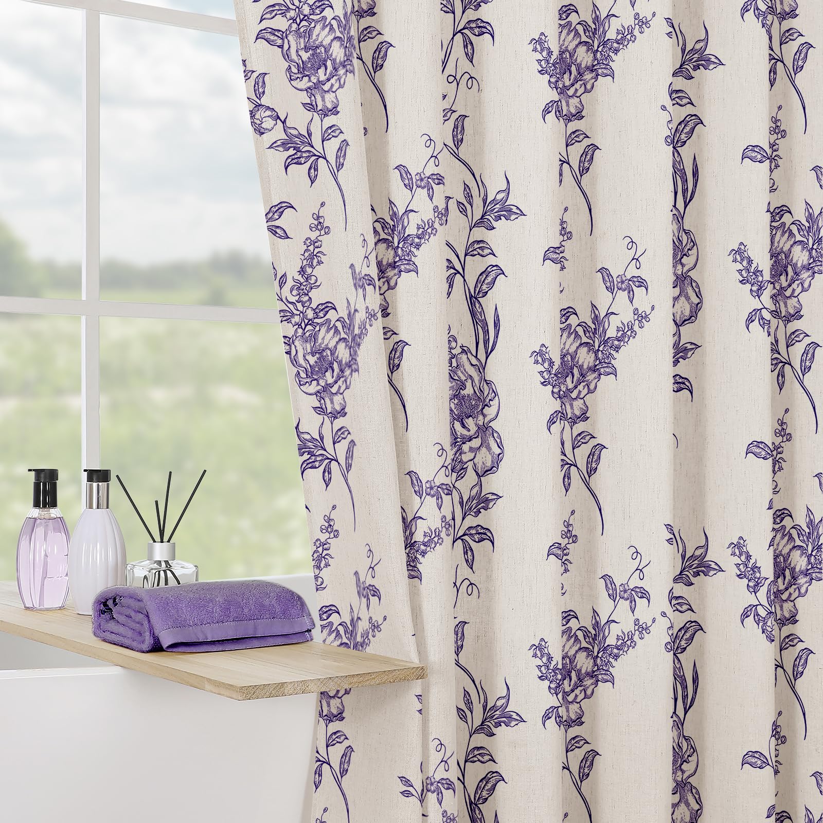 Craidlela Purple Linen Farmhouse Shower Curtain, Vintage Boho Floral Bathroom 72x72