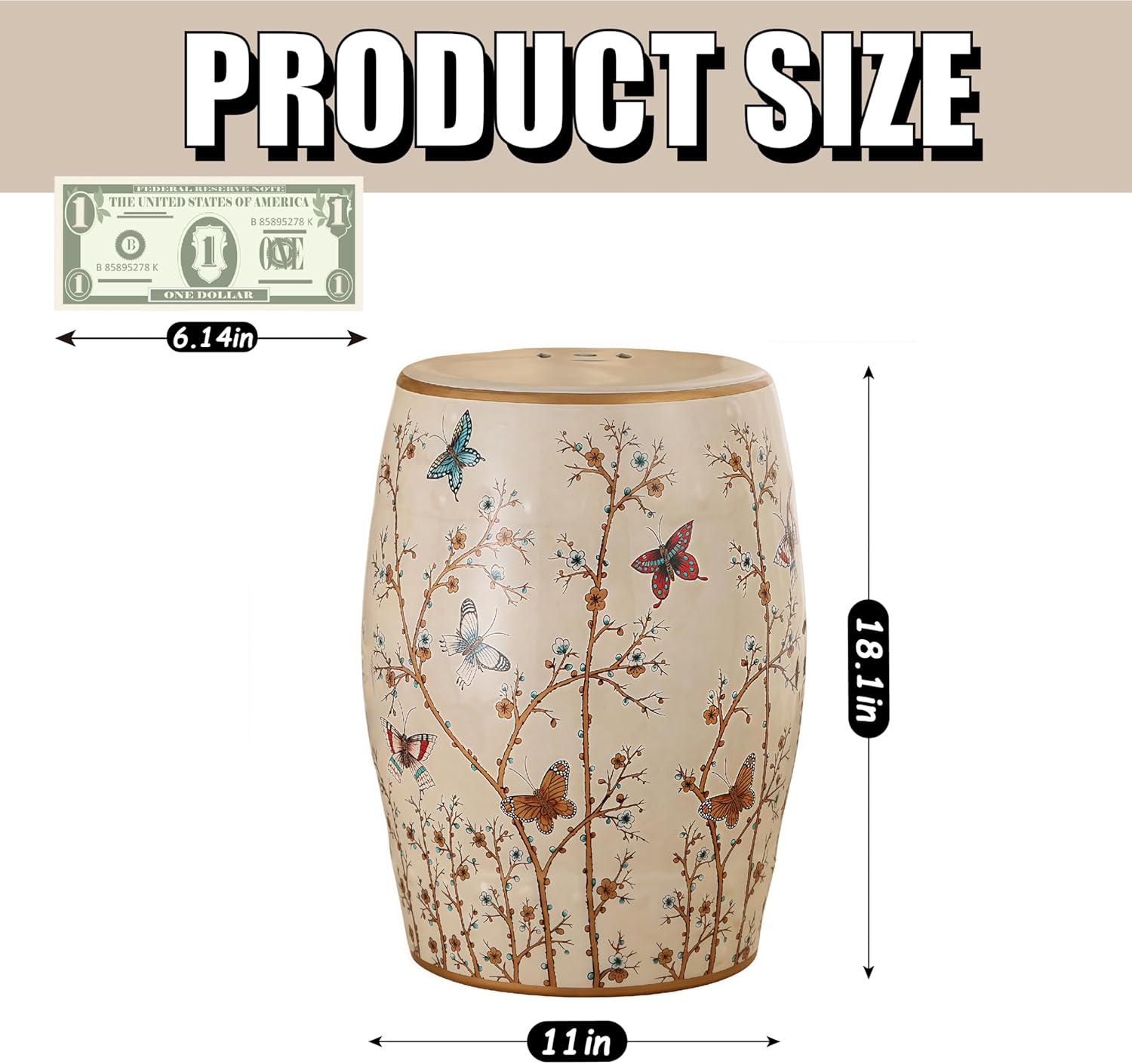 Chinese Stools, Ceramic Garden Stool, Indoor/Outdoor Side Table, Plant Stand, Chinoiserie Decorative, Classical Footstool for Living Room, Bedroom, Patio, Chinese Decor & Gifts (Rustic White)