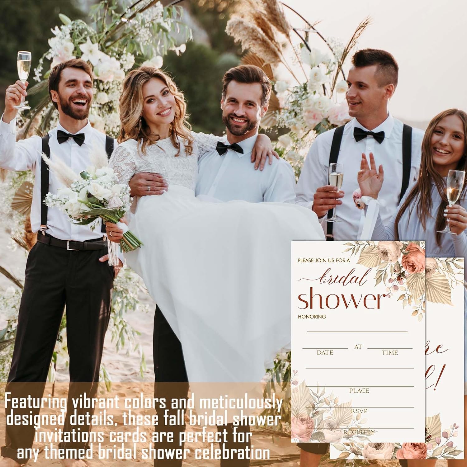 Bridal Shower Invitations, Boho Floral Wedding Invites with envelopes, 25 Elegant Bridal Shower Invites for New Couples Party Engagement Bachelorette - A02