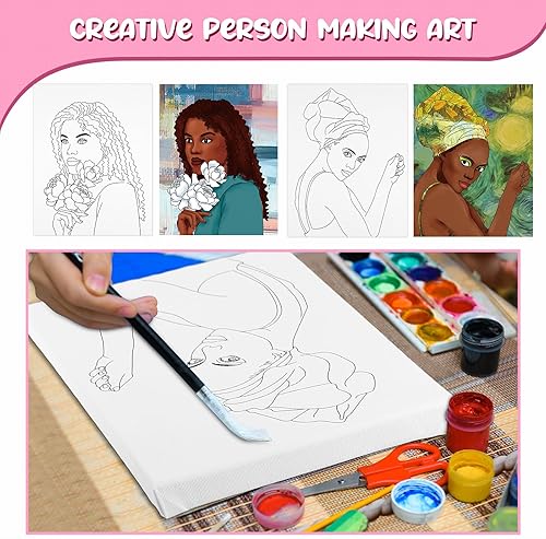 Miniatura 4 de Sherr 20 lienzos estirados predibujados, arte negro Afro Queen para pintar para adultos, contorno predibujado estirado, lienzo de algodón, lienzo