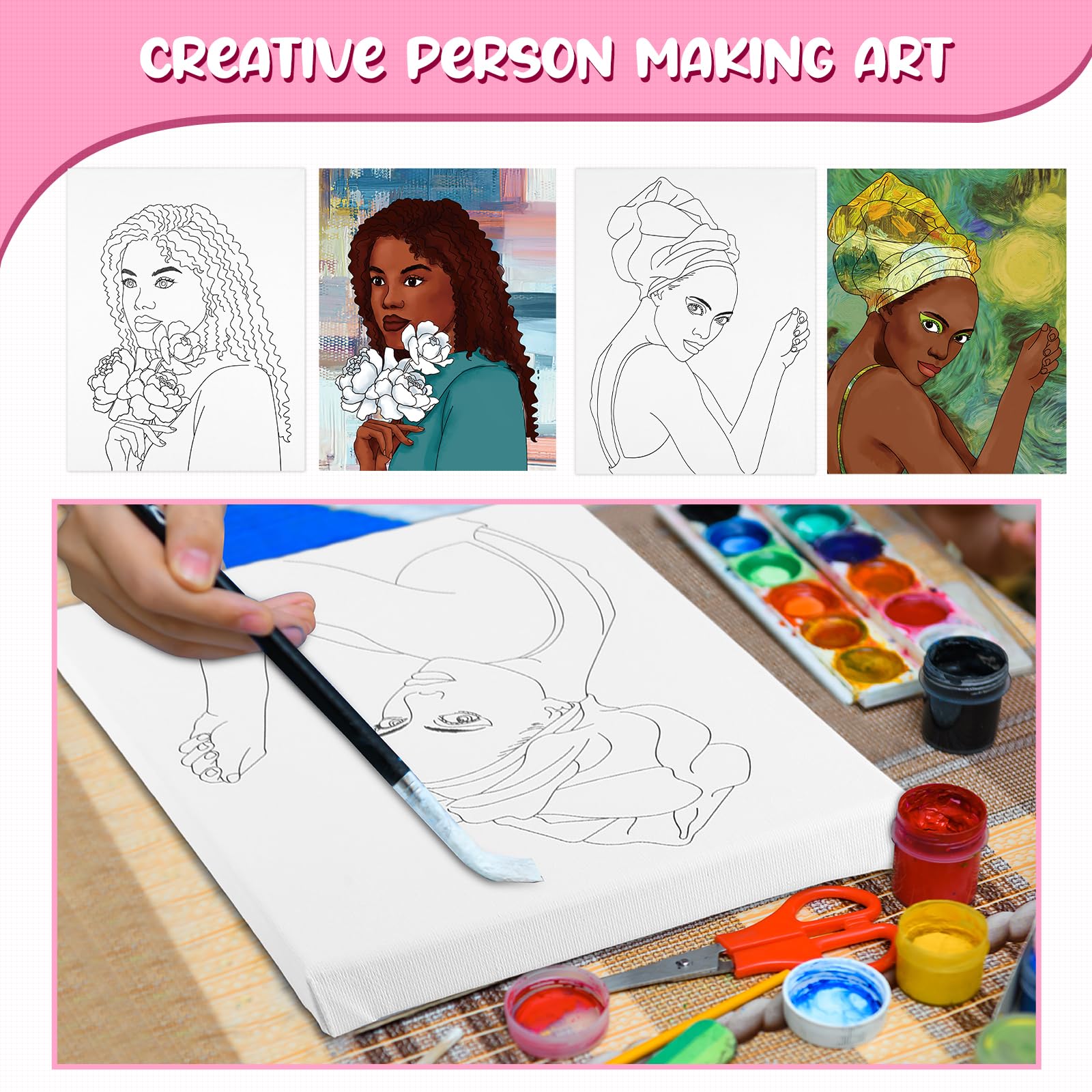 Sherr 20 Pcs Stretched Pre Drawn Canvas Afro Queen Black Art for Painting for Adults Outline Pre Drawn Stretched Cotton Canvas to Paint Party Set, 8 x 10''(Stylish)