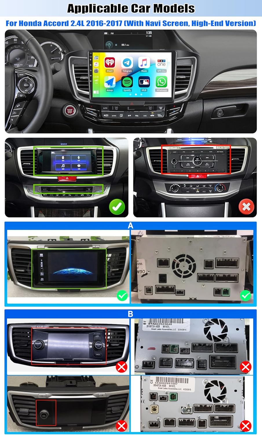 2G+64G Car Stereo for 2016 2017 Honda Accord Radio 2.4L with Wireless CarPlay Android Auto, Android 13 Head Unit, 10" Touch Screen Bluetooth Car Radio with GPS WiFi FM RDS HD Backup Camera (High-End)