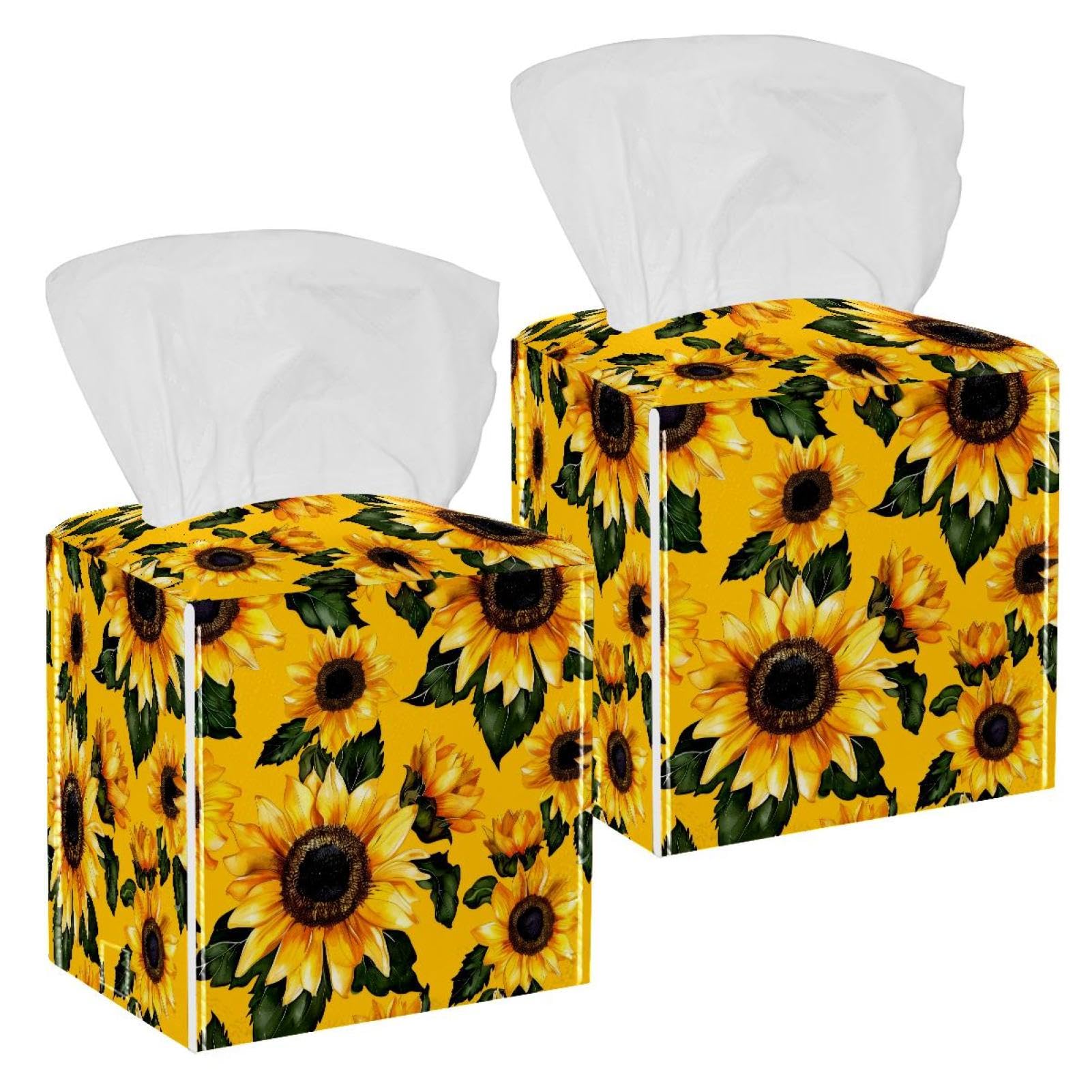 Sunflower Tissue Box Cover, 2 Pack PU Leather Square Facial Tissue Dispenser Box holder for Home Office Car