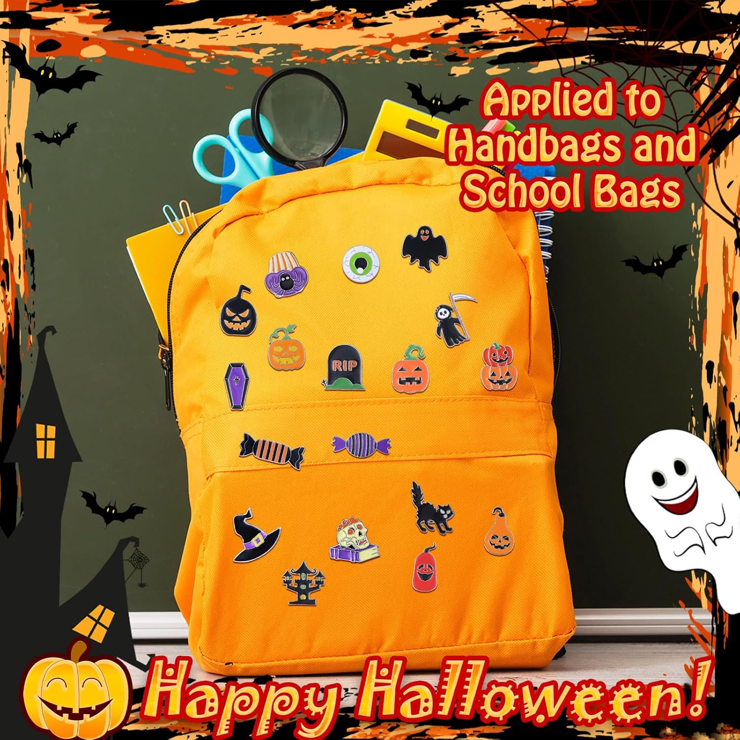 Ceenna 200 Pcs Halloween Pins Bulk Halloween Enamel Skull Ghost Pumpkin Black Cat Lapel Pins Punk Spooky Brooches for Backpacks Mixed Brooches for Bags Hats Jacket Christmas Gift - Image 6