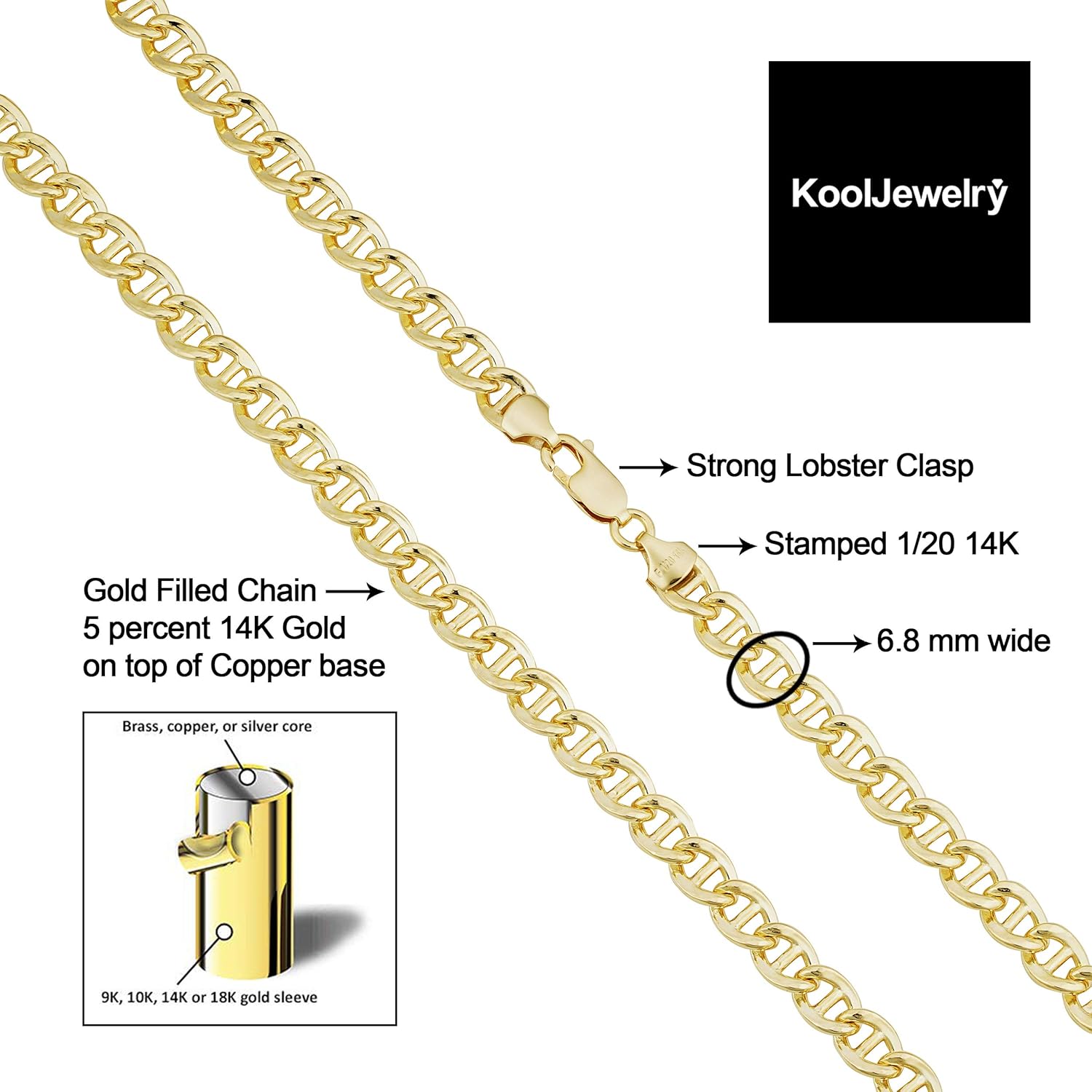 Solid 14k Yellow Gold Mariner Link Bracelet for Men (6.8 mm, 9 inch) - Image 2