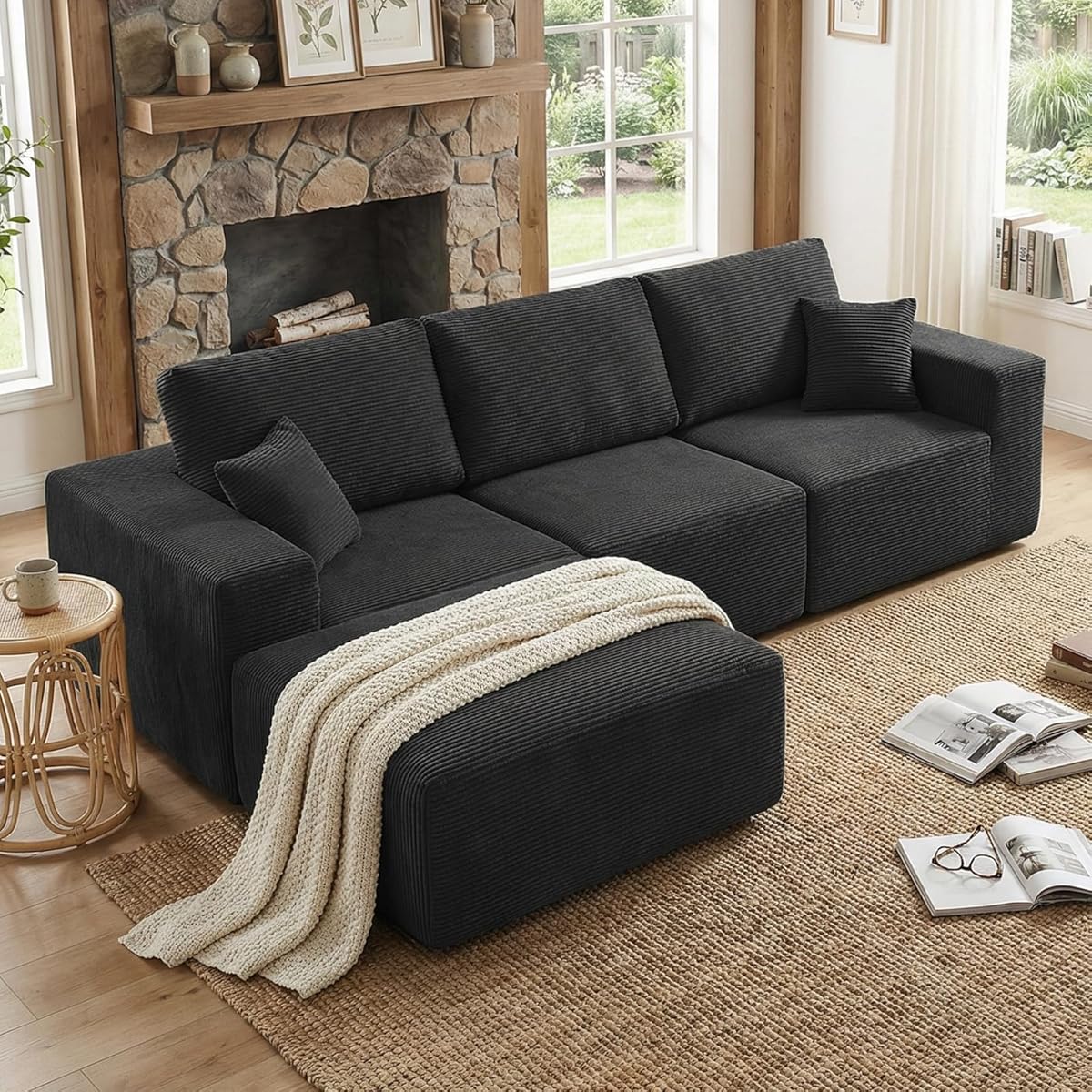 CHOSHOME 275 cm Modular L-Shaped Sectional Sofa, 3/4 Seater Corner Sofa with Chaise Lounge, Boneless Cloud Couch, Modern Plush Corduroy Couch for Apartment & Living Room, No Assembly Required, Black