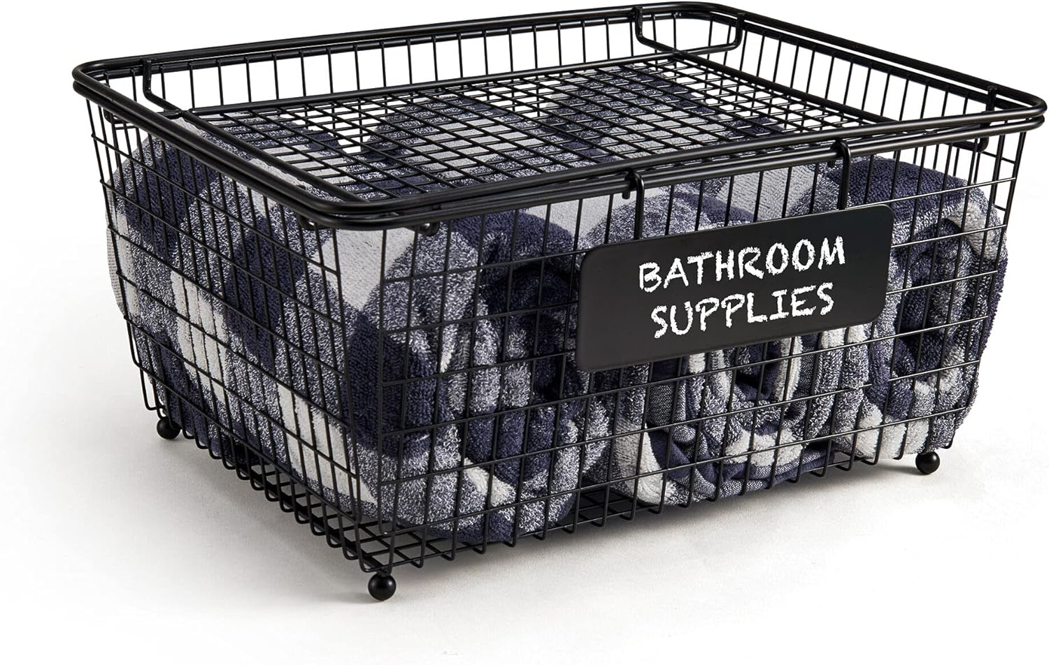 Mikasa Gourmet Basics Chalkboard Stackable Storage Basket with Lid, Wire Frame Storage Basket for Home - Handcrafted Iron, Removable Chalkboard Label, Versatile & Stylish (13.5" x 10.5" x 6")
