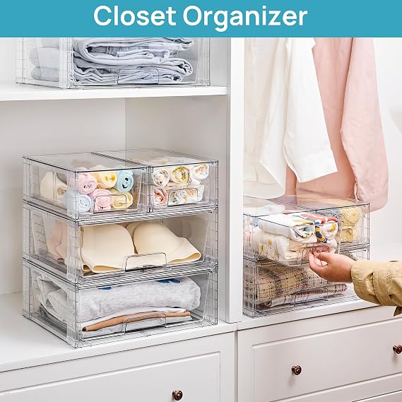Vtopmart 3 Pack Large Stackable Storage Drawers Acrylic Bathroom Closet Under Sink Organizer Storage Plastic Storage Box for Kitchen Cabinet, Pantry, Makeup, Medicine Organization