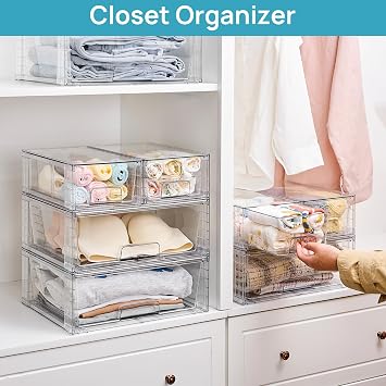 Vtopmart 3 Pack Large Stackable Storage Drawers Acrylic Bathroom Closet Under Sink Organizer Storage Plastic Storage Box for Kitchen Cabinet, Pantry, Makeup, Medicine Organization