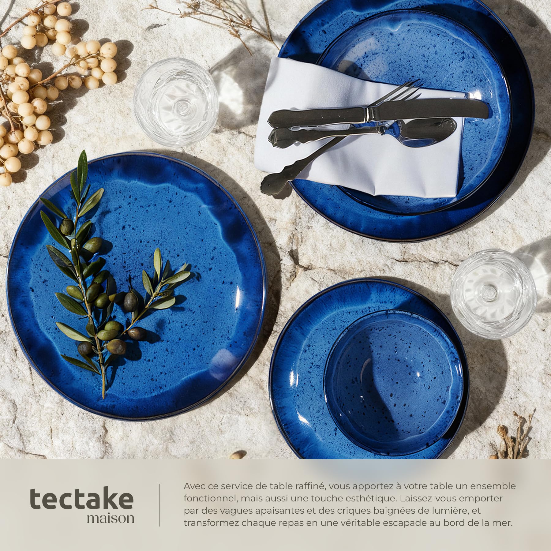 tectake® Service de table 24 pièces pour 6 personnes, Petites et Grandes Assiettes, Assiette creuse, Bols, Service vaisselle en faience, Vaisselle et Arts de la table, Set assiette et Bol, Bleu