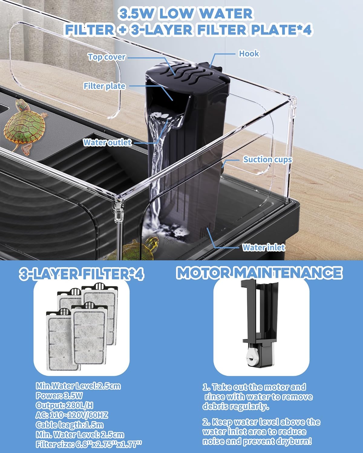 MoonOrange Small Turtle Tank Kit, Acrylic Turtle Tank Starter Kit with Basking Platform, Bottom Drainage, Multi-Function Areas for Turtles, Crabs, Crayfish, Small Reptiles (Black Kit)