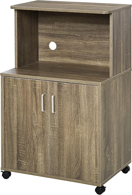 HOMCOM Kitchen Storage Unit, Modern Microwave Stand Trolley Cart, Sideboard with Cabinet, Locking Wheels, Shelf for Living Room, Dining Room, Grey