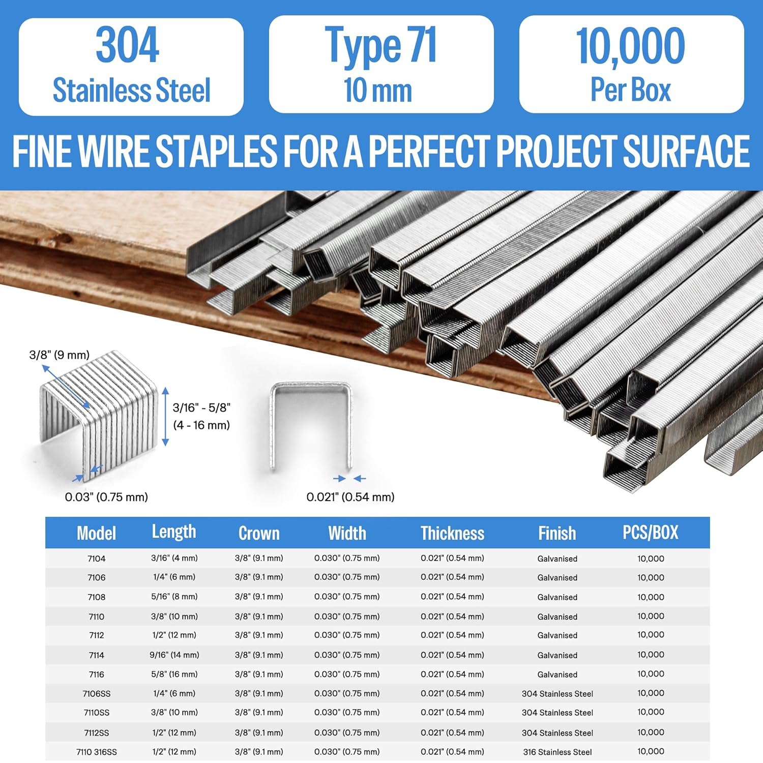 meite 71/10 22 Gauge 304 Stainless Steel Upholstery Staples, 3/8-Inch Crown with 3/8-Inch Leg Length, Heavy Duty Staples for Construction, Furniture, Crafts & DIY Projects (1 Box)