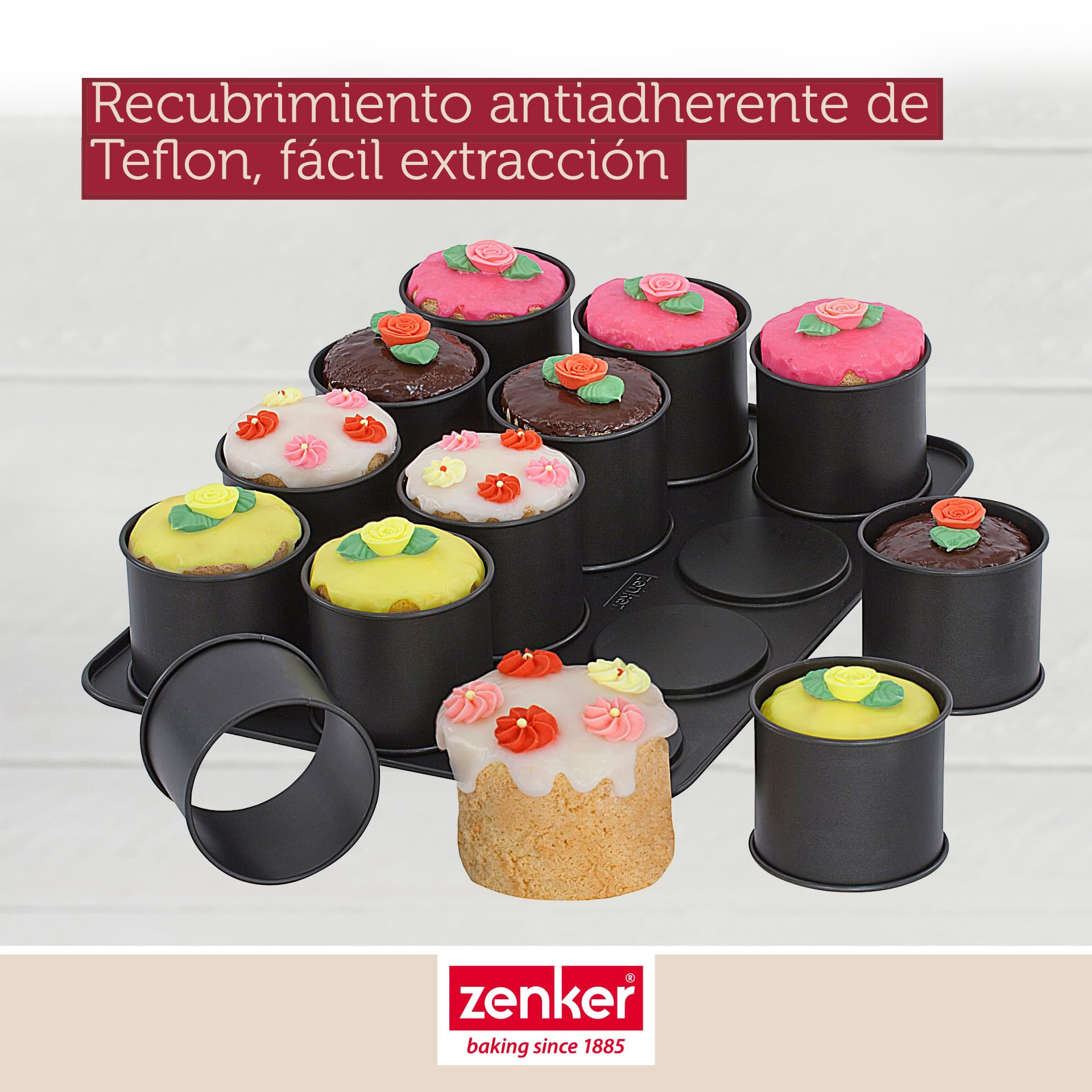 Zenker Bandeja Mini Pasteles 12 Aros en Acero con Revestimiento Antiadherente Teflon Classic Negro 38x30 cm, Moldes para Pasteles Pequeños, Mini Tartas, 1 ud.
