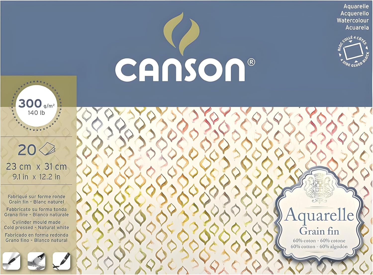 CANSON Aquarelle Watercolour Cold Pressed 300gsm Paper, Spiral Pad Short Side, 12.5x18cm Natural White 12 Sheets, Ideal for Professional Artists