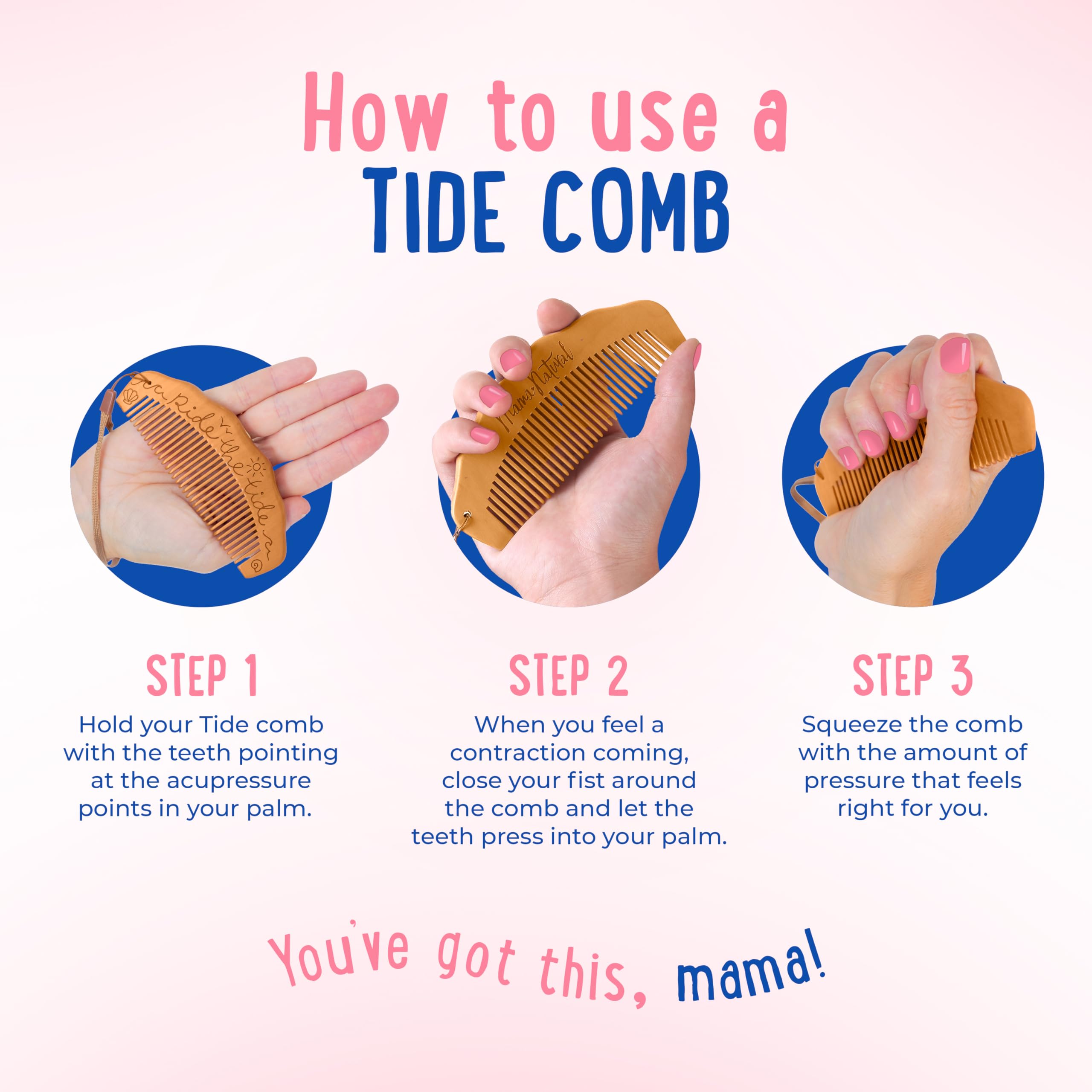 Mama Natural Tide - Peine de parto para el dolor de parto (1 pieza), peine de madera para mujeres, peine de trabajo de parto y artículos esenciales para el parto, peine de madera para embarazo, alivio