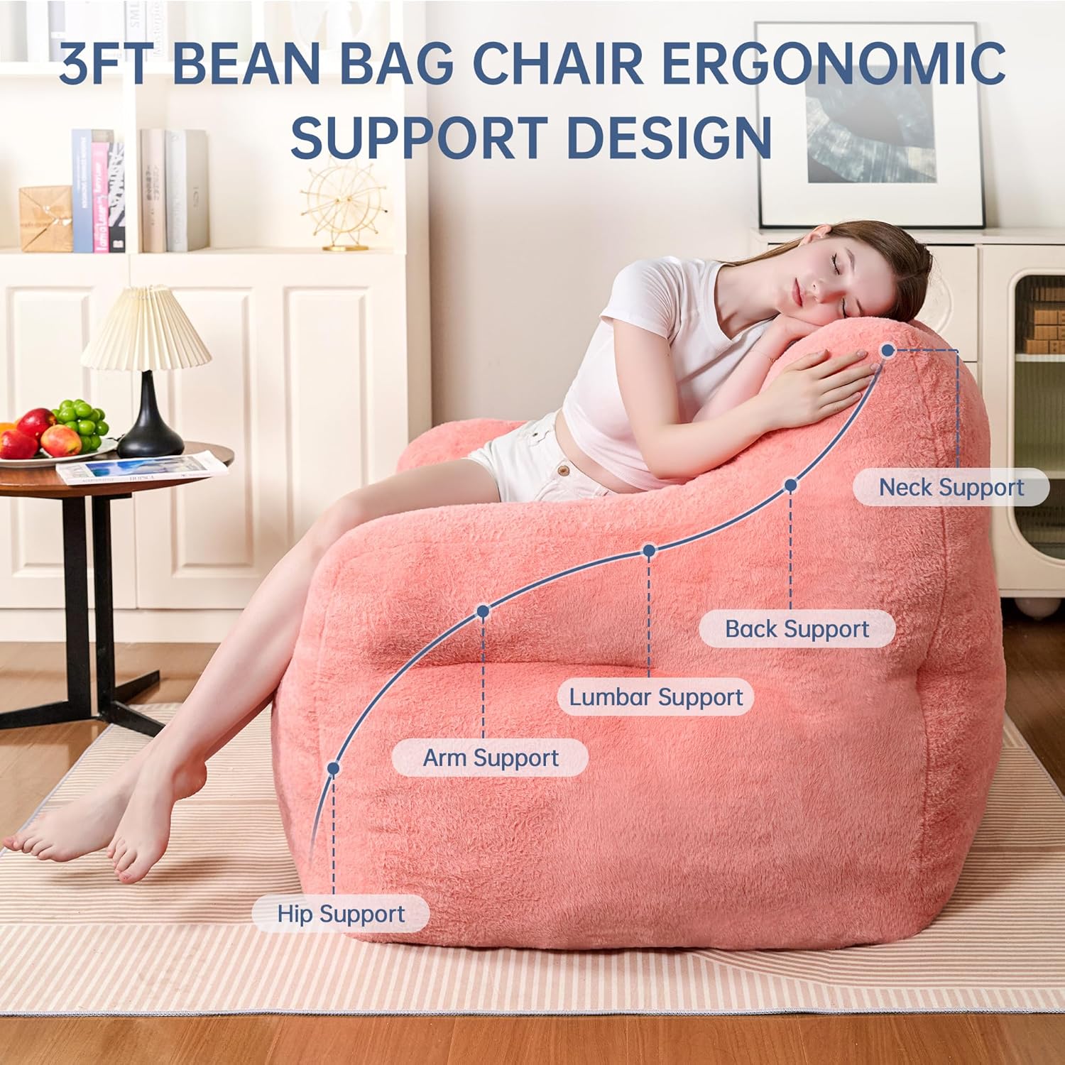 Cvortll 37" Bean Bag Chairs Large Bean Bag Couch for Adults Stuffed Sofa Chair Comfy Giant Bean Bag Chair - Plush Faux Fur Cover, for Reading, Playing or Relaxing (Pink)