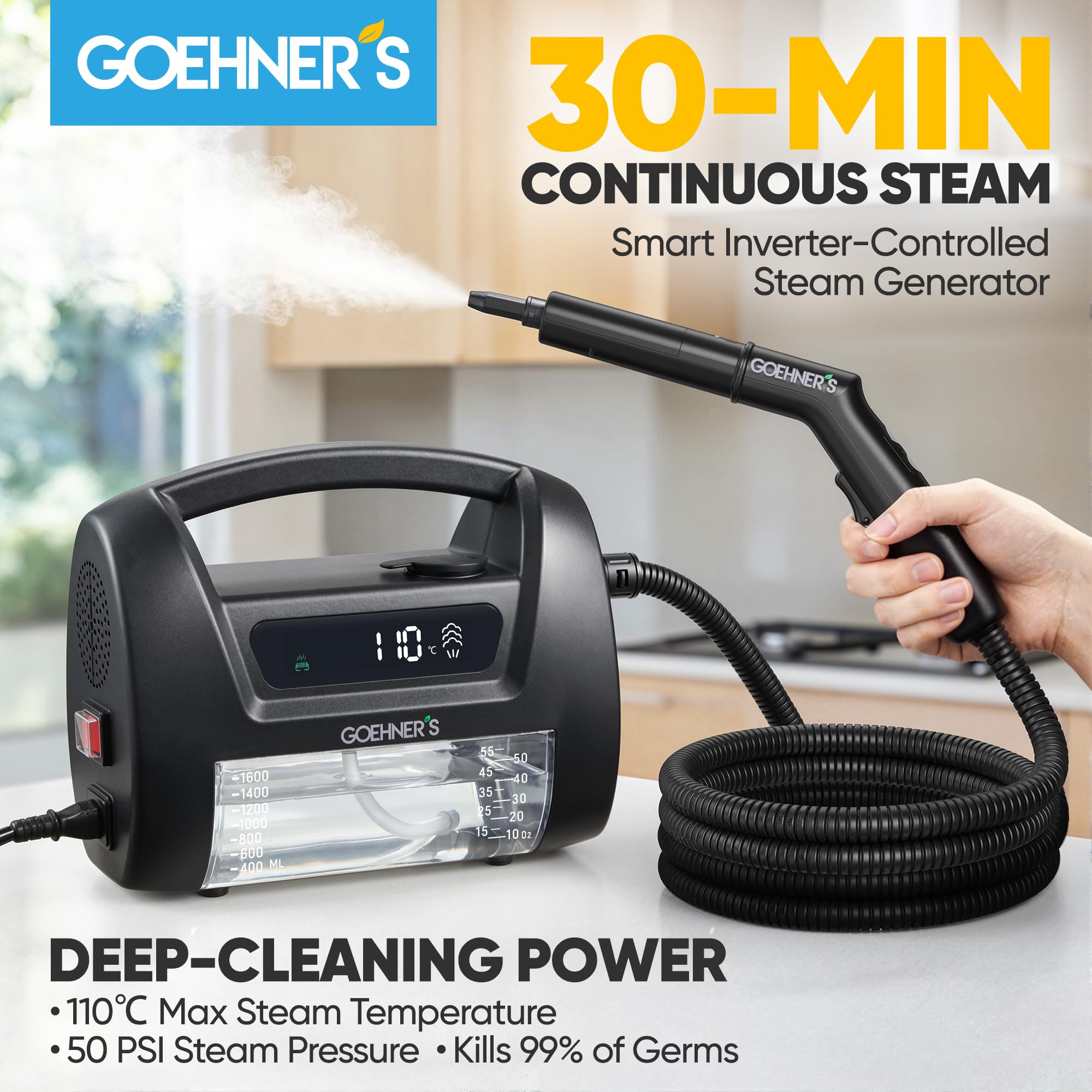 Handdampfreiniger, 110°C/3,5 Bar Hochdruck-Dampfreiniger Handgerät mit 1,6L Tank, Dampfreiniger für alles - Steam Cleaner Für Auto Fliesen Fugen Küche Bad Polster ohne Chemie
