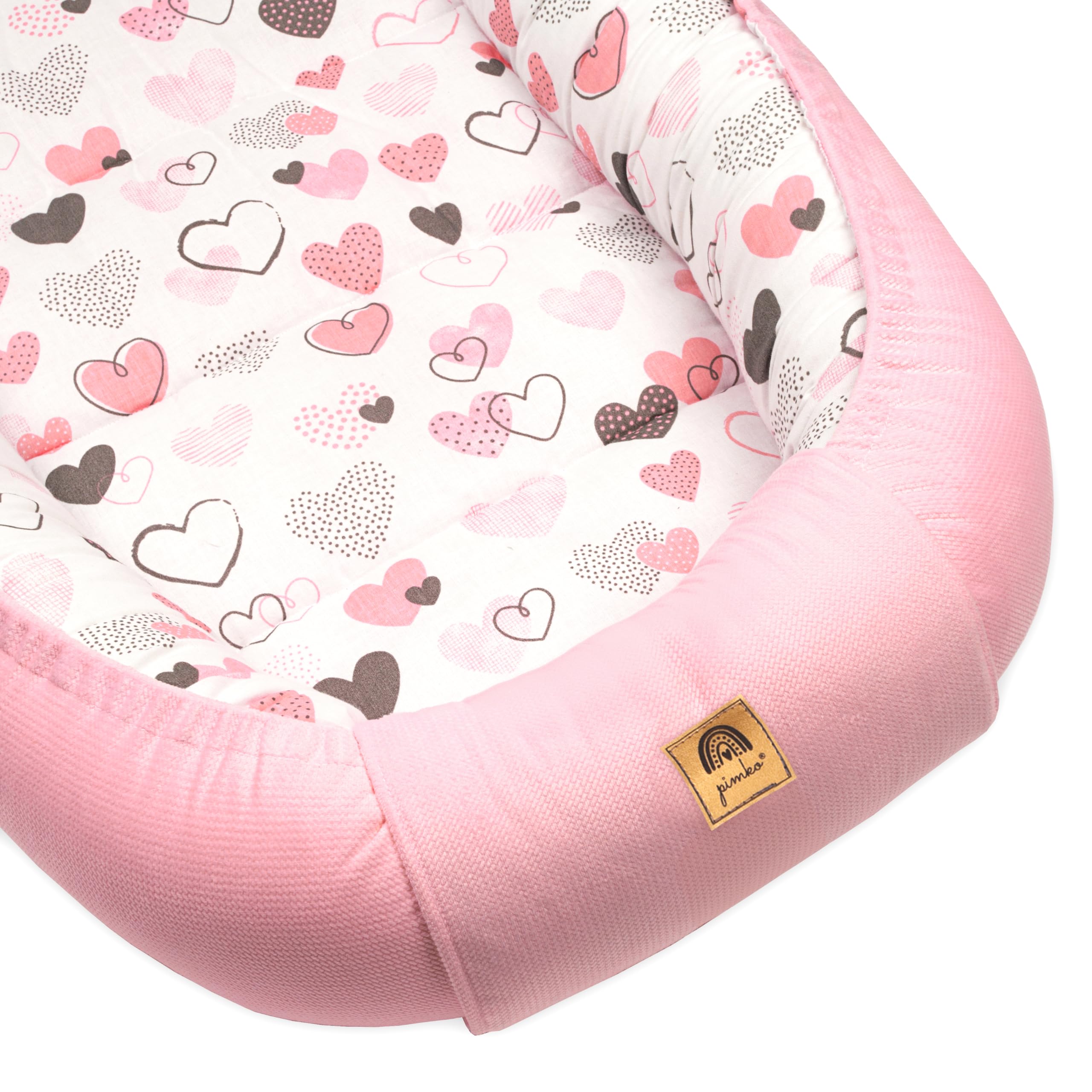 Nid de bébé 2 côtés - Nid cocon pour bébé - Hypoallergénique - 90 x 55 cm - Coton et velours - Cœurs roses avec rabat